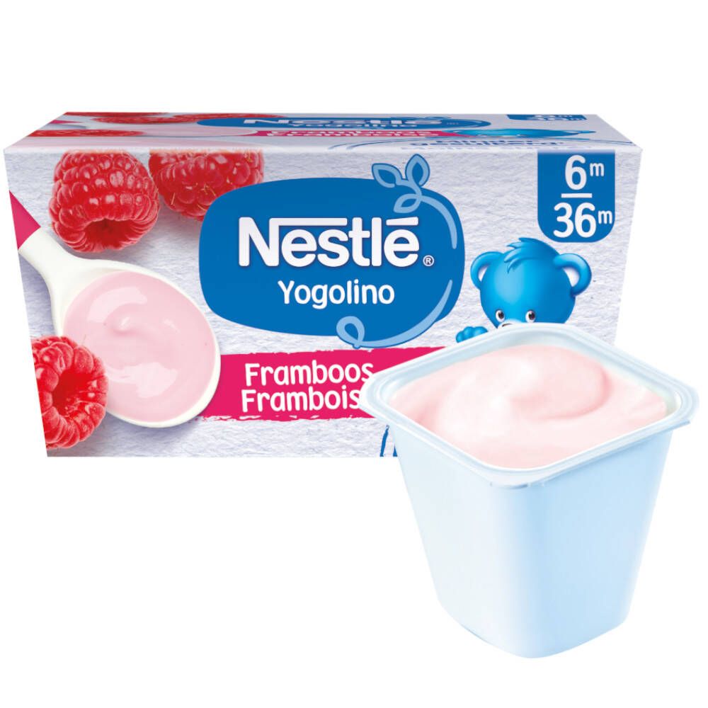 Nestlé Yogolino Framboos. Einzelner Becher Himbeerjoghurt. Altersempfehlung 6-36 Monate. Weniger Zucker.