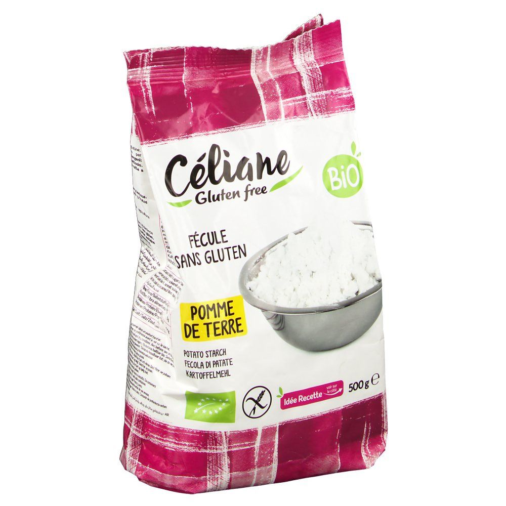Beutel Céliane Karfoffelstärke, glutenfrei. Aufschrift: BIO, Fecule sans gluten, Pomme de terre. Inhalt: 500g.