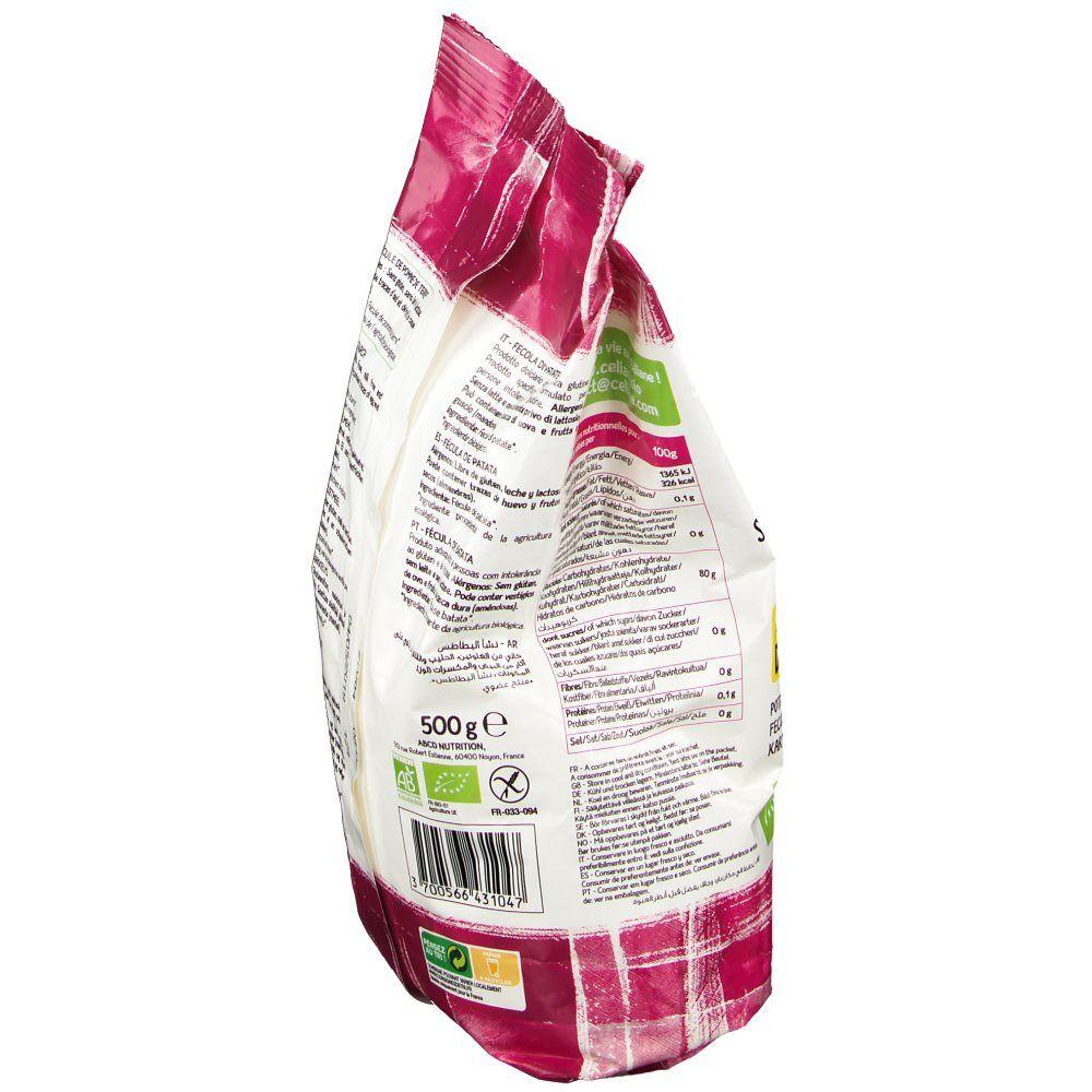 Seitenansicht der Céliane Karfoffelstärke-Verpackung. Aufdruck: BIO-Logo, Nährwertangaben, Inhalt: 500g.