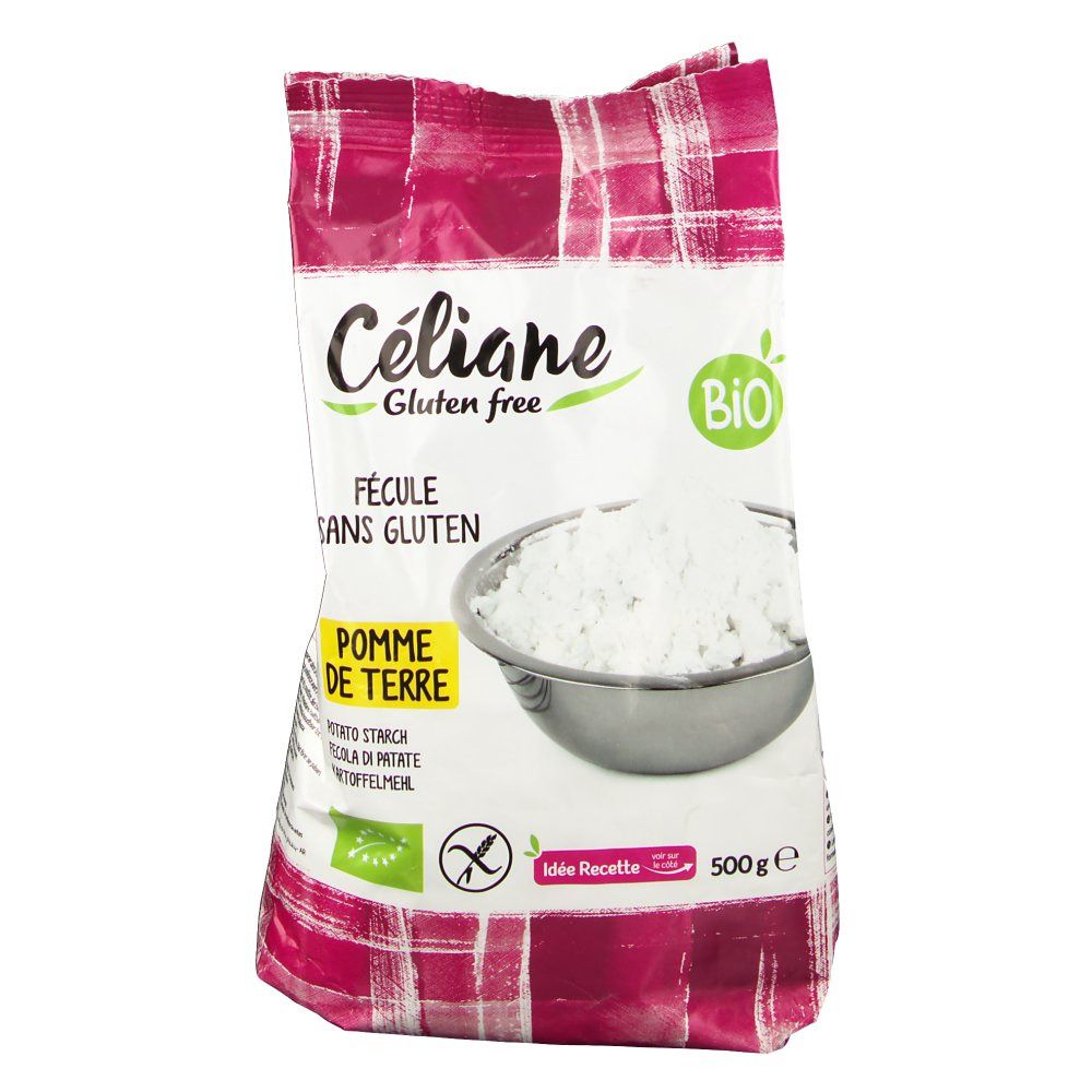 Céliane Karfoffelstärke-Verpackung, glutenfrei. Aufschrift: BIO, Fecule sans gluten, Pomme de terre. Inhalt: 500g.