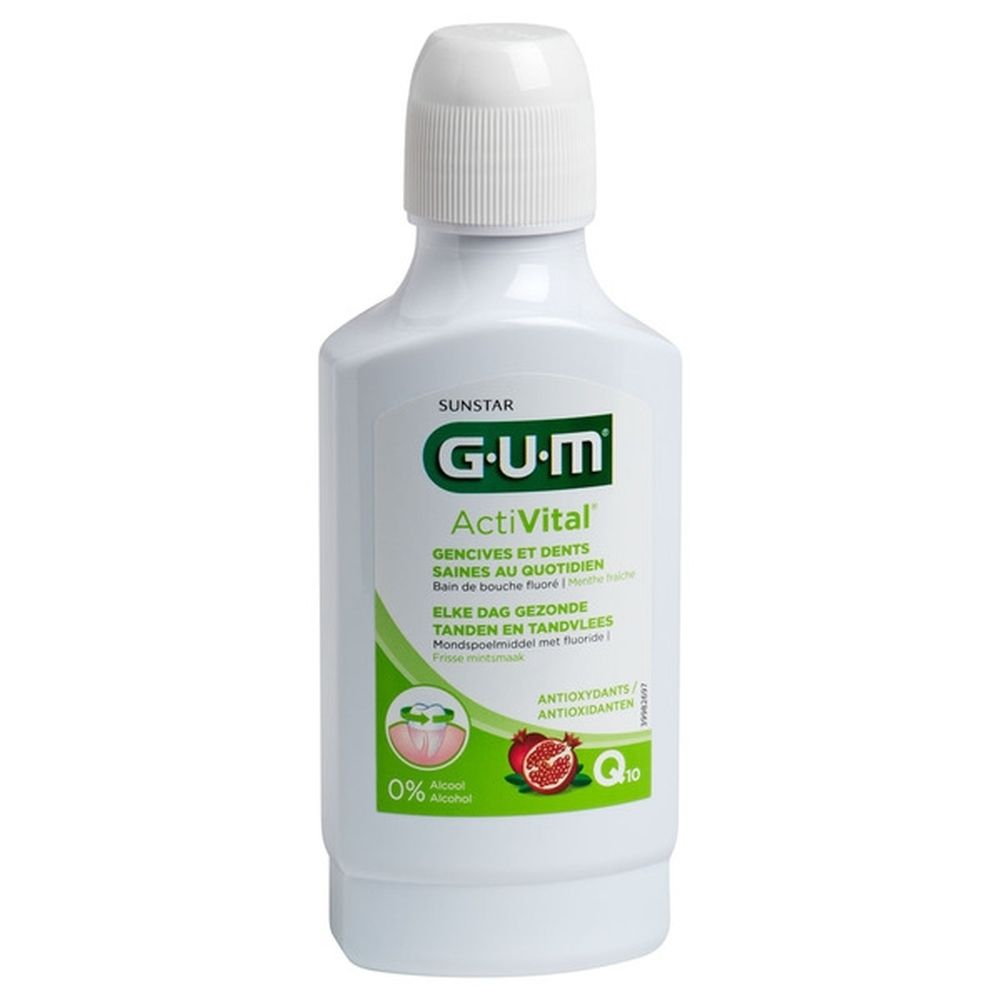 Flacon blanc GUM ActiVital. Étiquette verte et blanche avec nom et ingrédients. Bouchon.