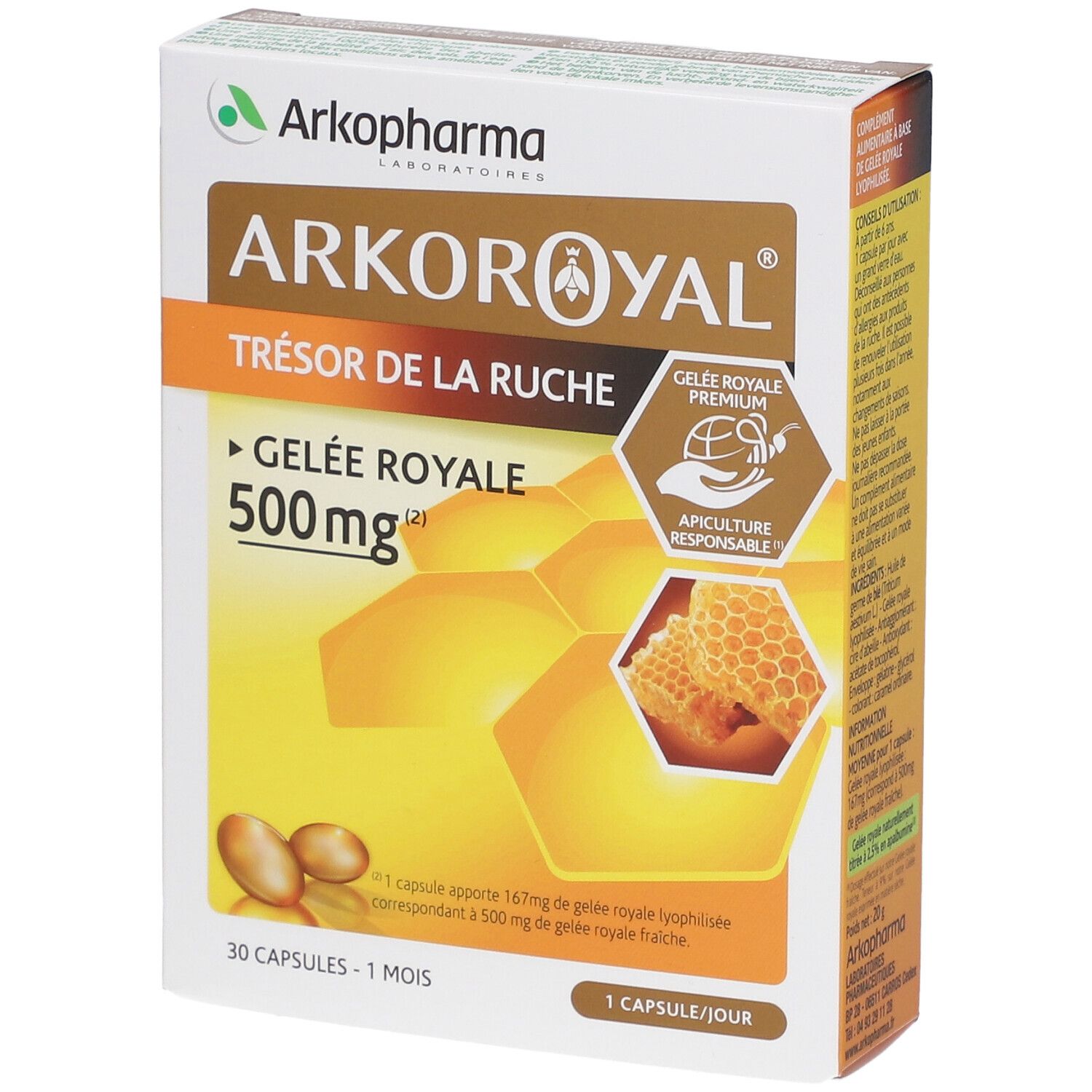 Boîte Arkoroyal Gelée Royale 500mg. Capsules jaunes, illustration en nid d'abeilles. Certification Apiculture Responsable.