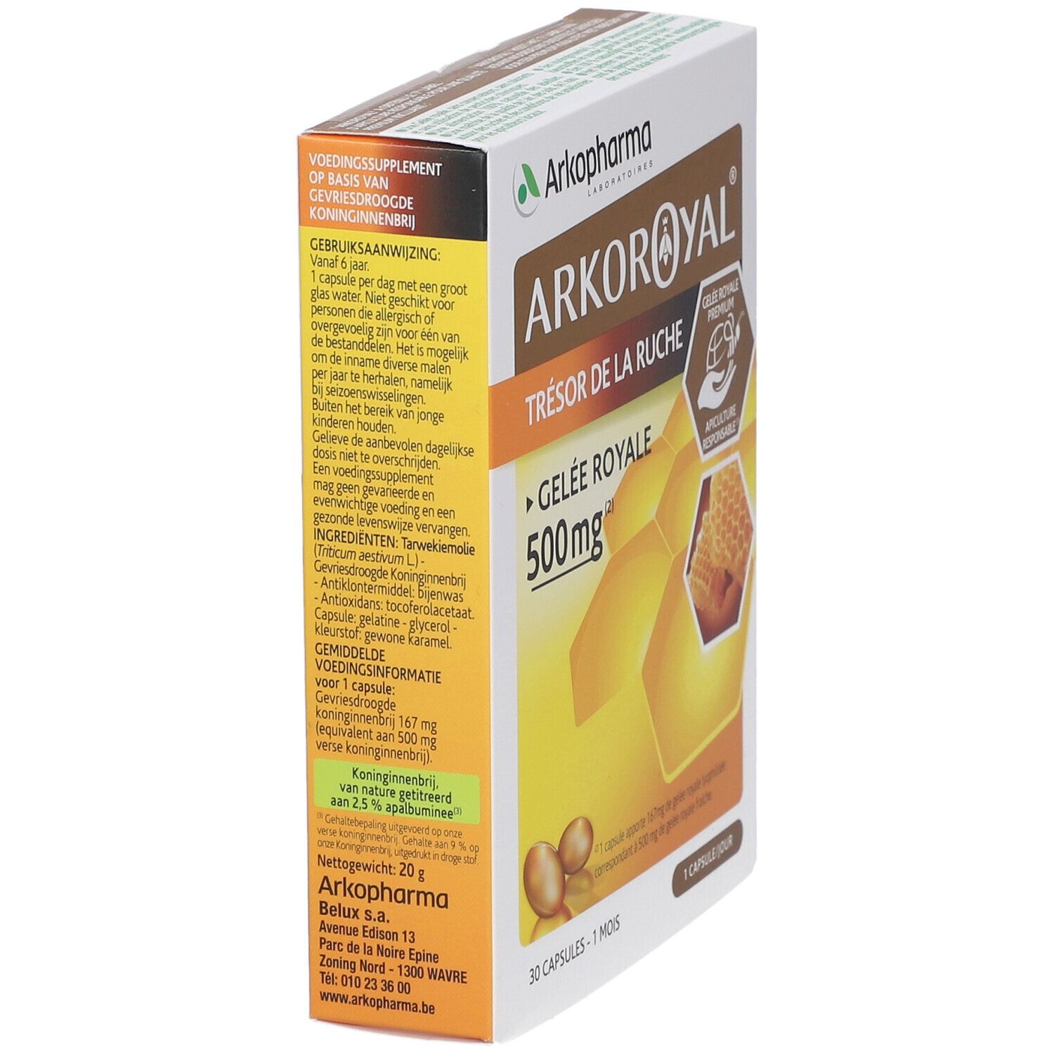 Vue latérale de l'emballage Arkoroyal. Texte: Gelée Royale 500mg. Illustration en nid d'abeilles. Certification Apiculture Responsable.