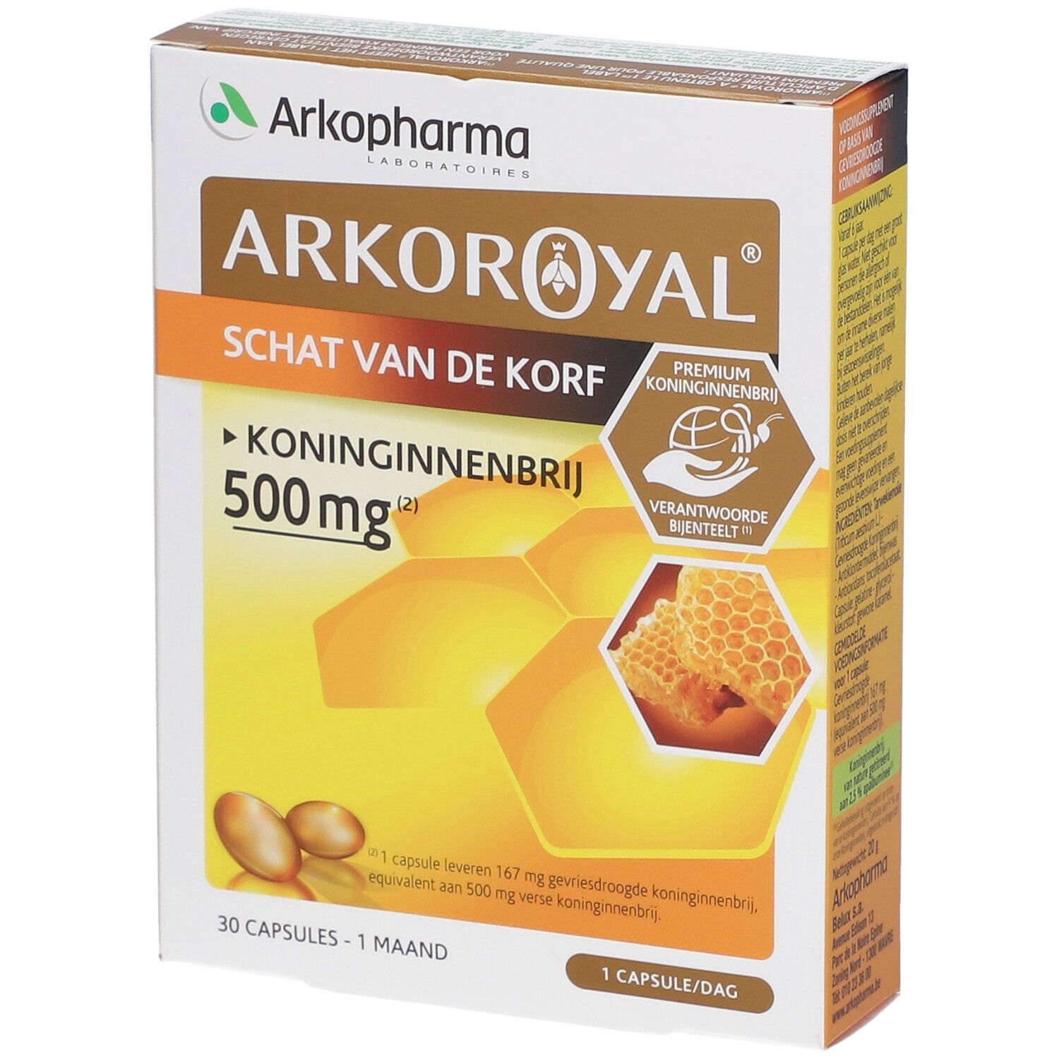 Emballage Arkoroyal. Texte: Koninginnenbrij 500mg. Illustration en nid d'abeilles. Premium Koninginnenbrij. Apiculture responsable.