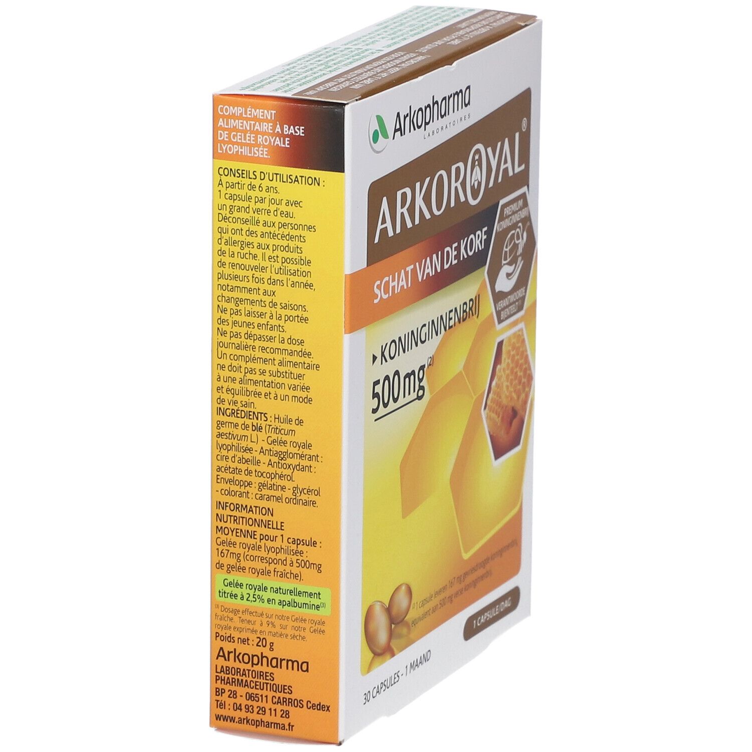 Vue latérale de l'emballage Arkoroyal. Texte: Koninginnenbrij 500mg. Illustration en nid d'abeilles. Certification Apiculture Responsable.