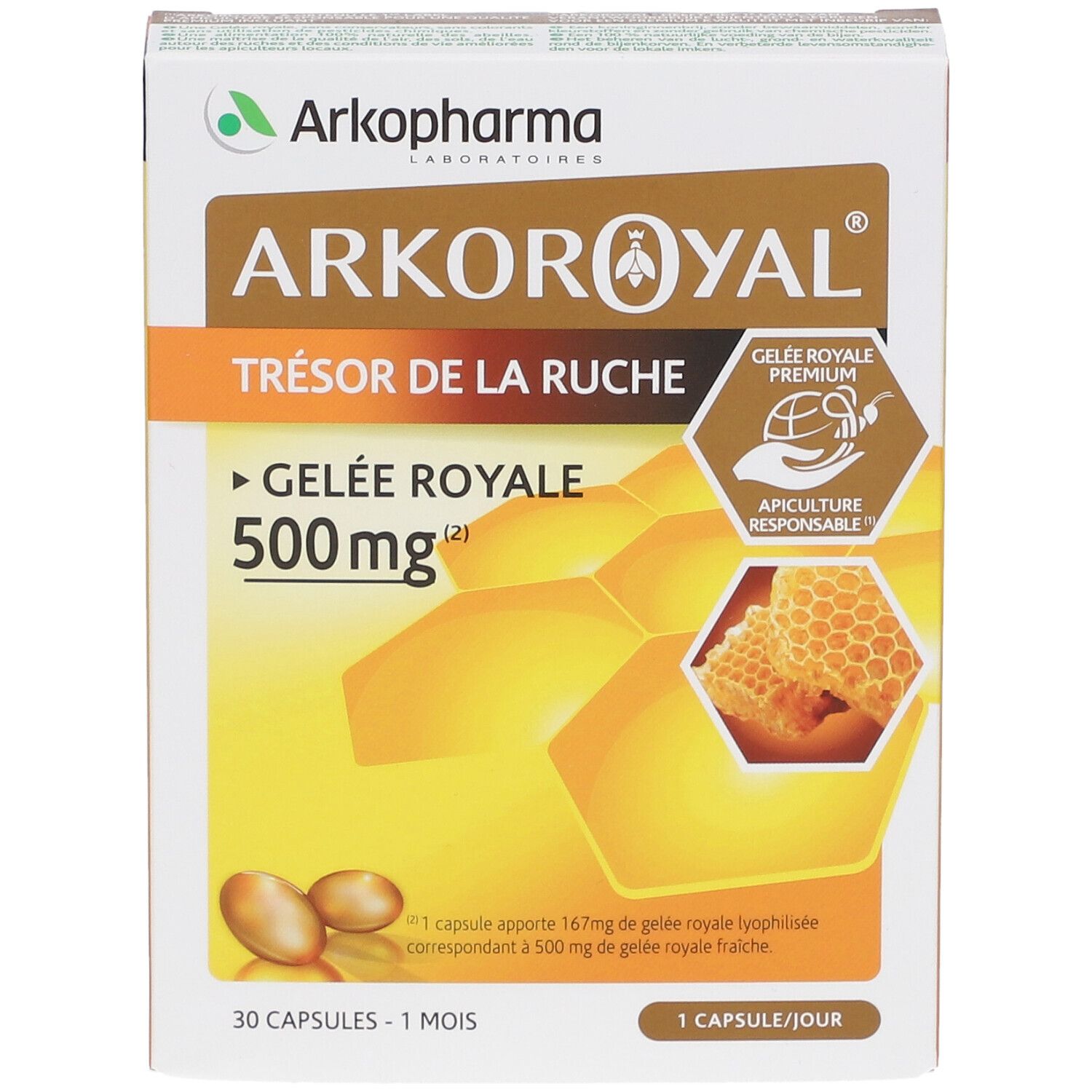 Boîte Arkoroyal Gelée Royale 500mg. Capsules jaunes, illustration en nid d'abeilles. Certification Apiculture Responsable.