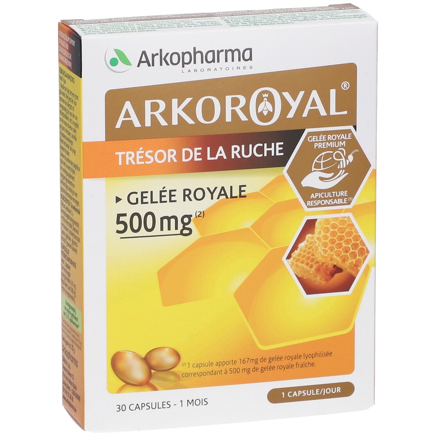 Boîte Arkoroyal Gelée Royale 500mg. Capsules jaunes, illustration en nid d'abeilles. Certification Apiculture Responsable.