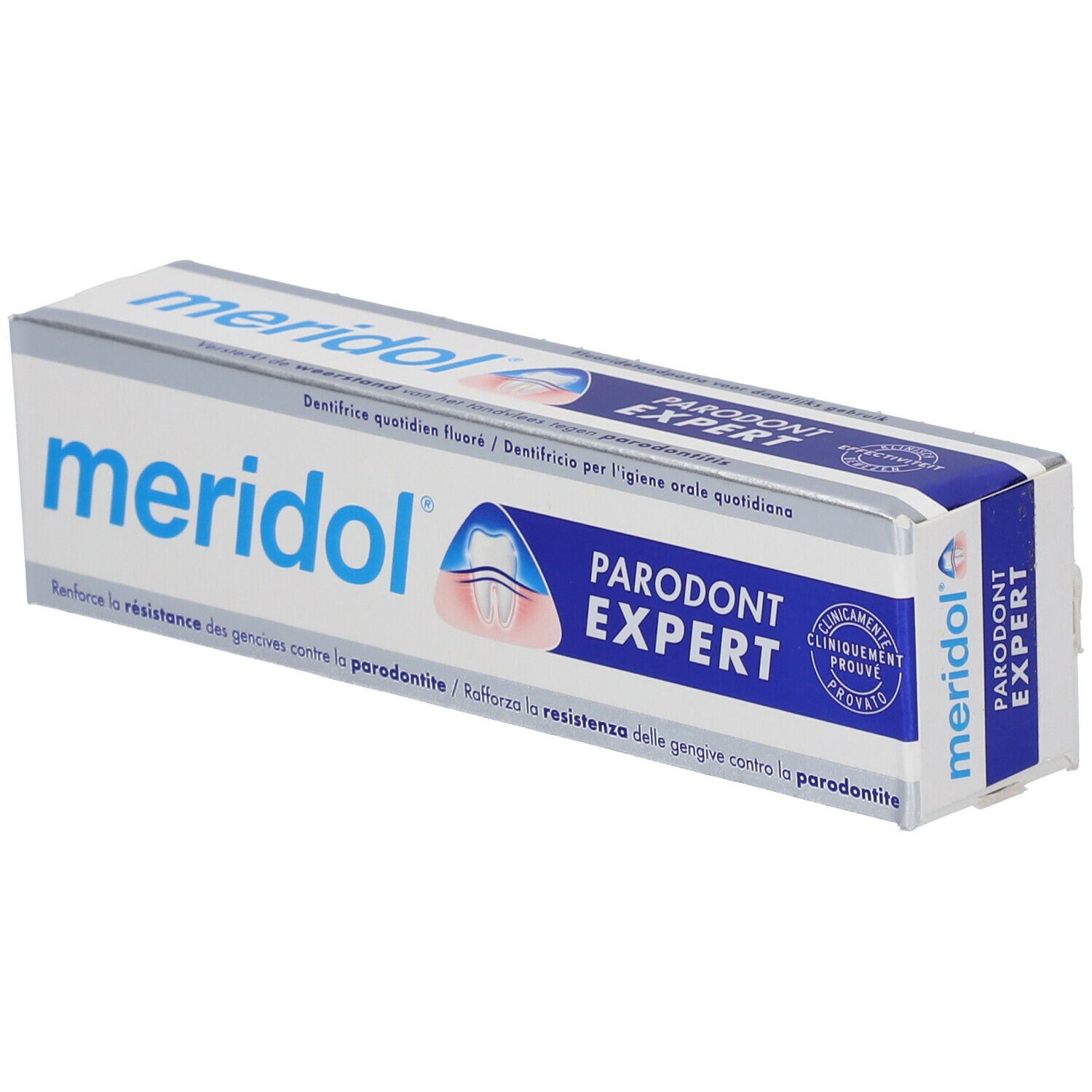 Zahncreme-Schachtel, weiß und blau. Aufschrift: meridol, Parodont Expert. Klinisch geprüft.