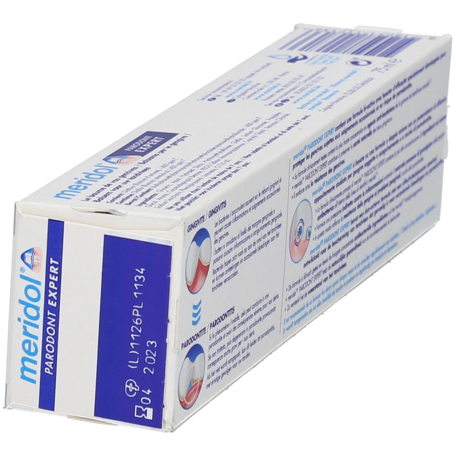 Zahncreme-Schachtel, schräg. Aufschrift: meridol, Parodont Expert. Mit Datumsstempel und Illustrationen.