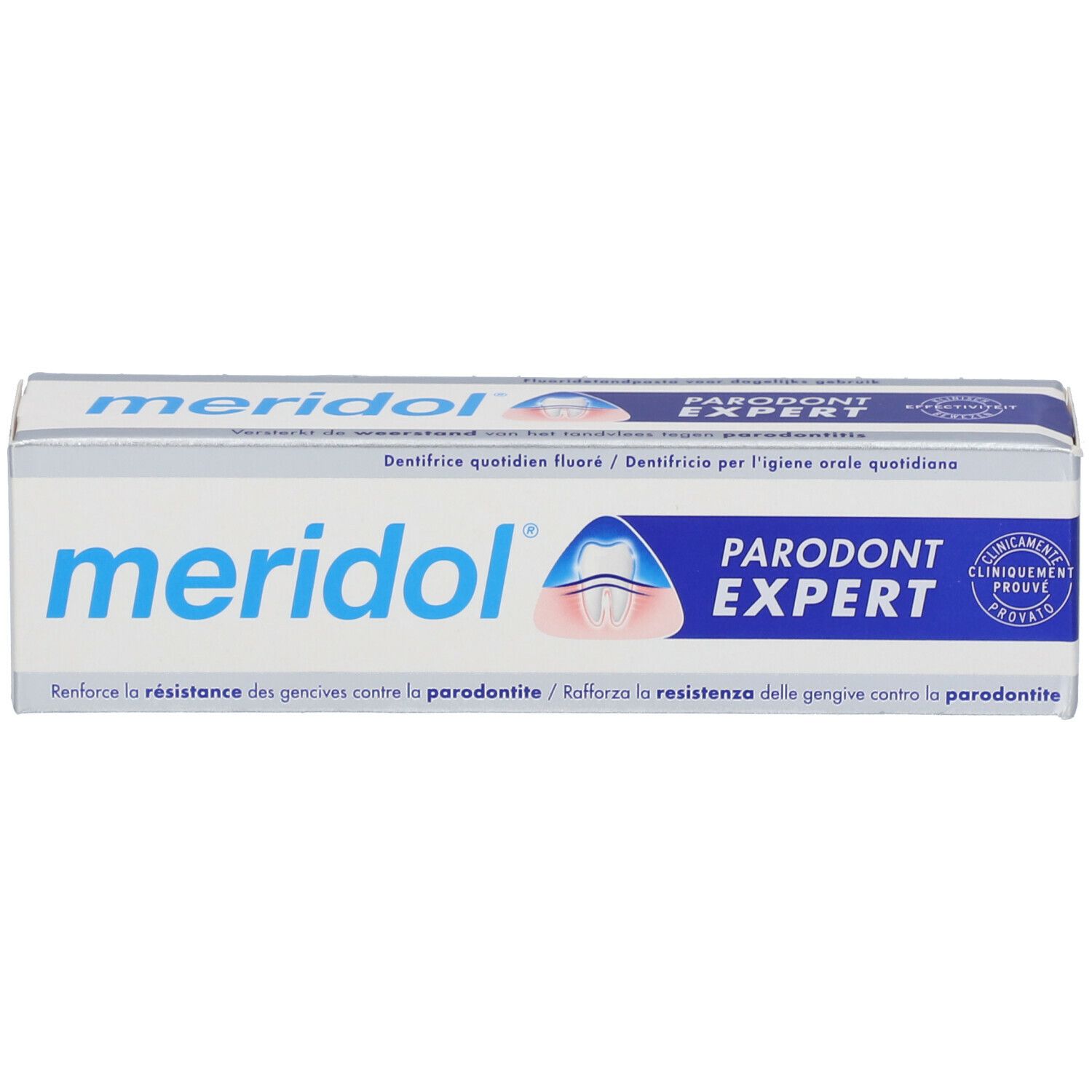 Zahncreme-Schachtel, weiß und blau. Aufschrift: meridol, Parodont Expert. Klinisch geprüft.