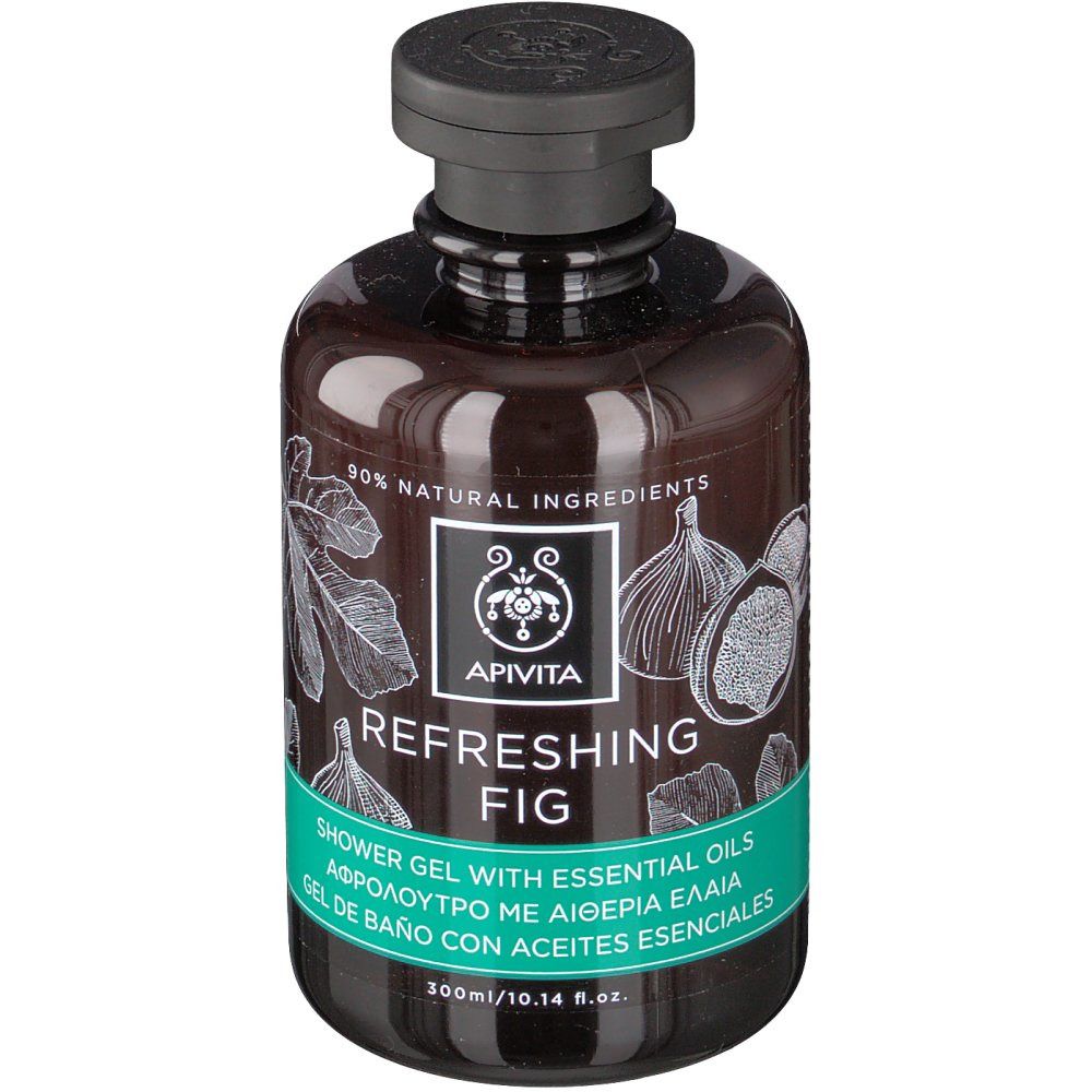 Braune Flasche mit schwarzem Deckel. Etikett mit Produktnamen, Feigen-Illustrationen und Text. "90% natürliche Inhaltsstoffe" ist sichtbar.