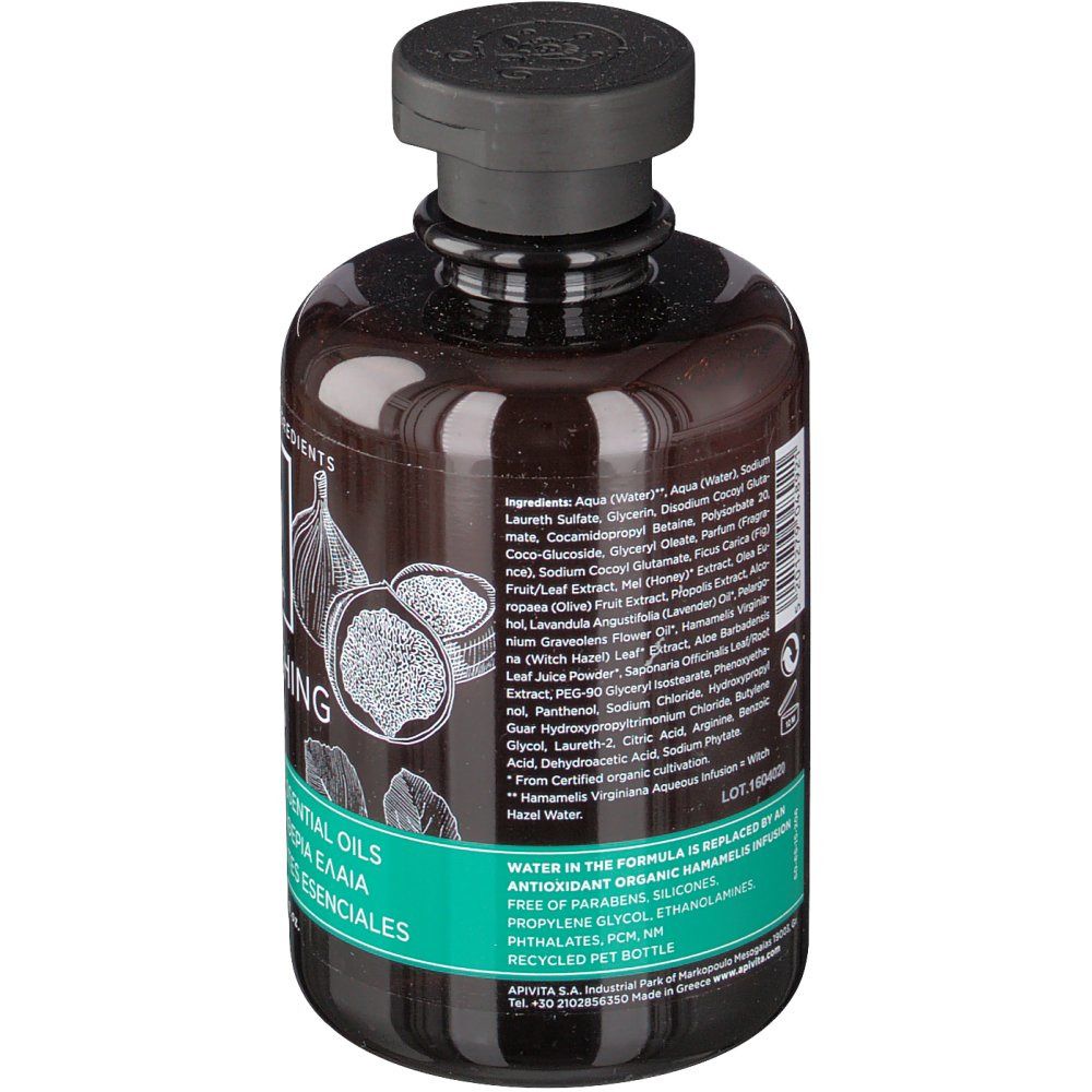 Rückseite der braunen Flasche mit schwarzem Deckel. Etikett mit Inhaltsstoffen und Text. Recyceltes PET-Logo ist sichtbar.
