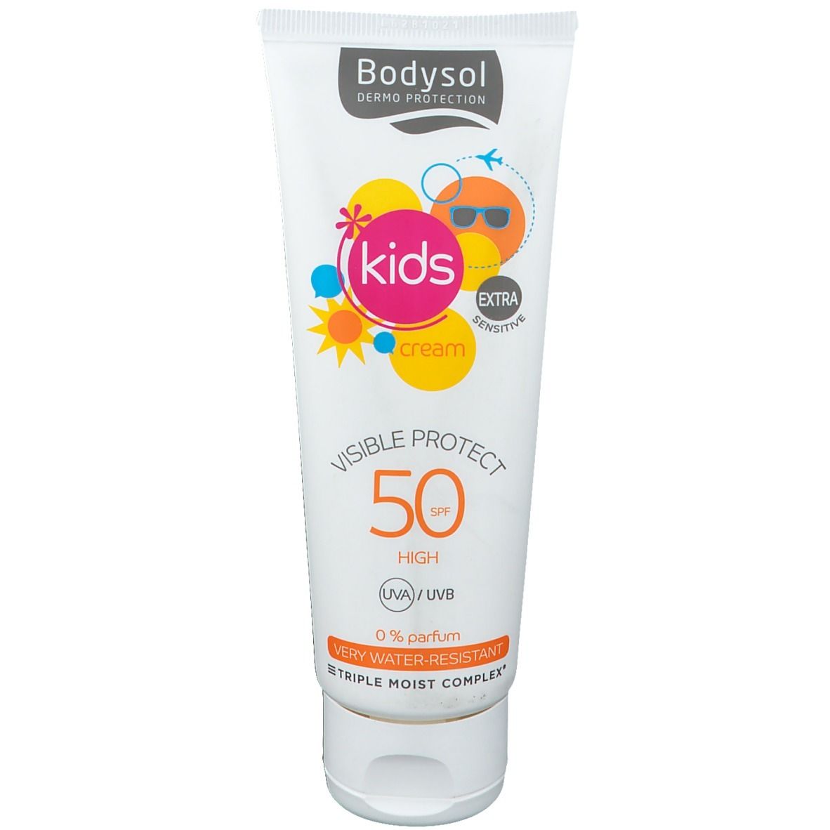Weiße Tube Bodysol Kids Sun Cream SPF 50. Aufschrift 'kids' mit Sonne und Brille. 'VISIBLE PROTECT 50' und 'EXTRA SENSITIVE'.