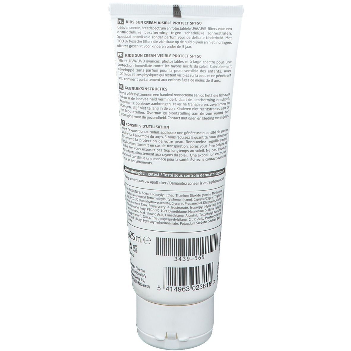 Rückseite der Bodysol Kids Sun Cream SPF 50 Tube. Text in mehreren Sprachen. Inhaltsstoffe und Barcode sichtbar.