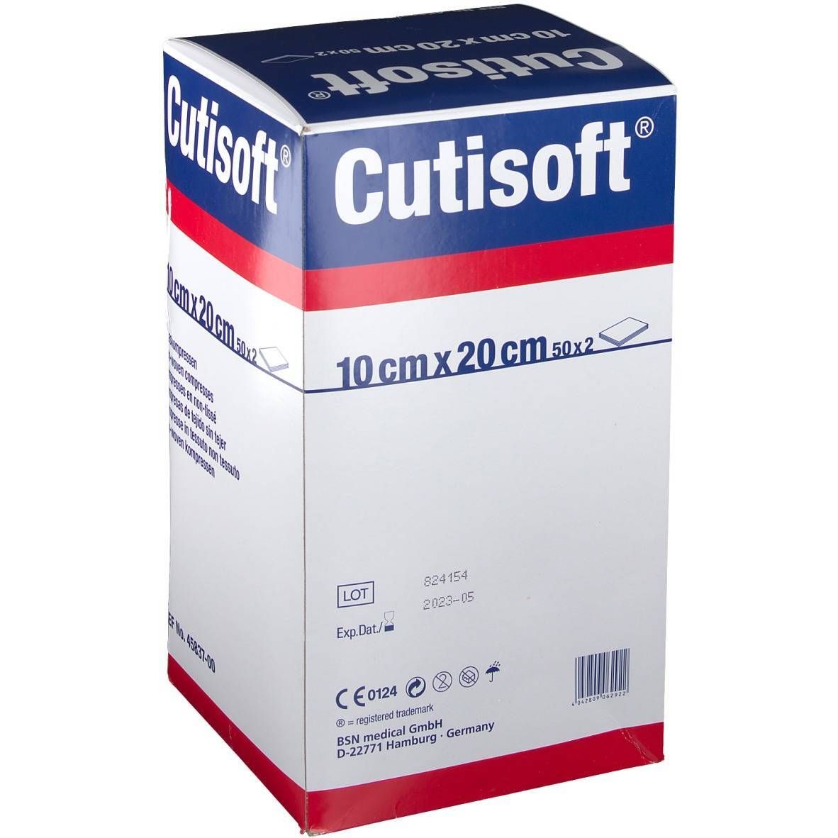 Cutisoft®-Verpackung. 10 cm x 20 cm Kompressen. Blaue, weiße und rote Box. Produktinformationen und Logo.