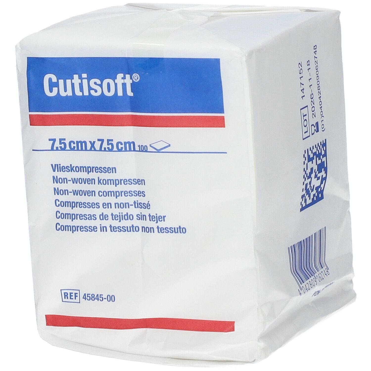 Quadratische Verpackung mit Cutisoft®-Logo, 7,5 cm x 7,5 cm Vlieskompressen. Weiße Verpackung mit blauen und roten Akzenten.
