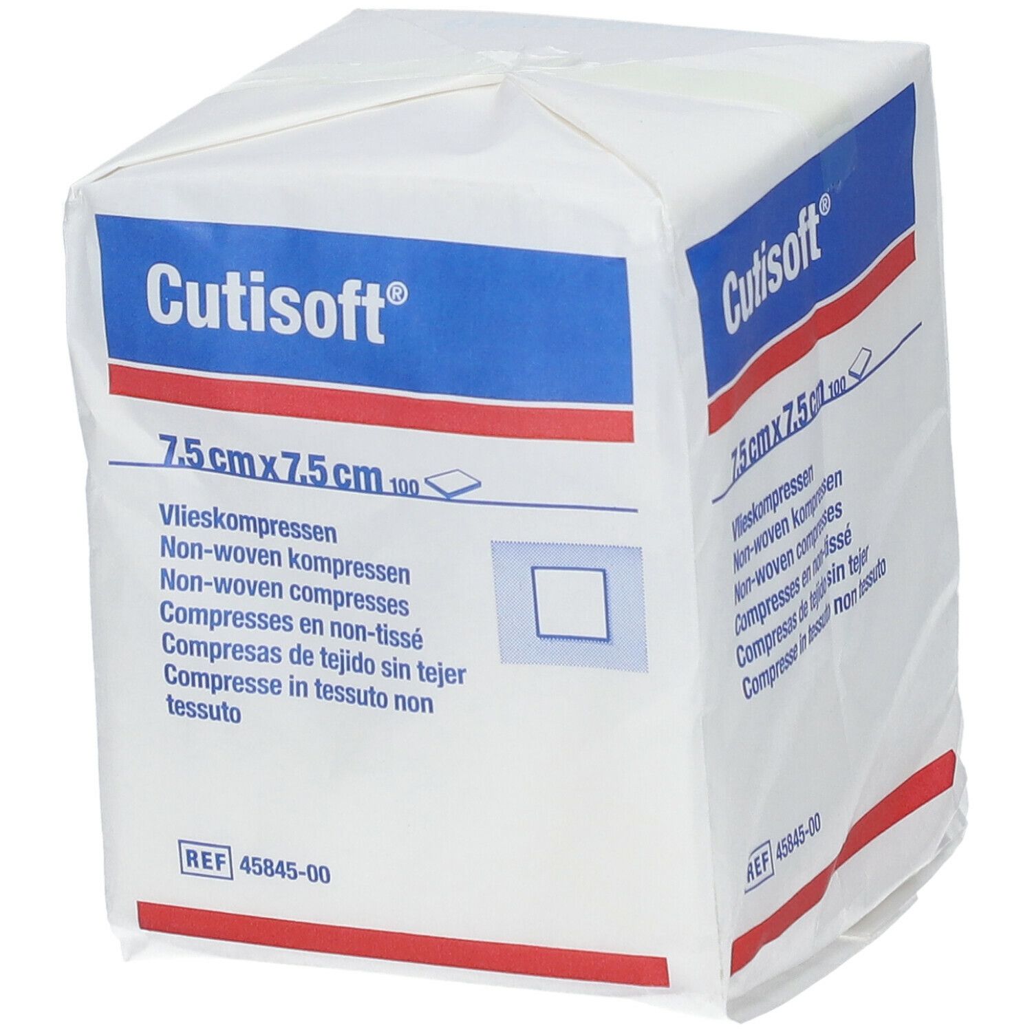 Quadratische Verpackung mit Cutisoft®-Logo, 7,5 cm x 7,5 cm Vlieskompressen. Weiße Verpackung mit blauen und roten Akzenten.