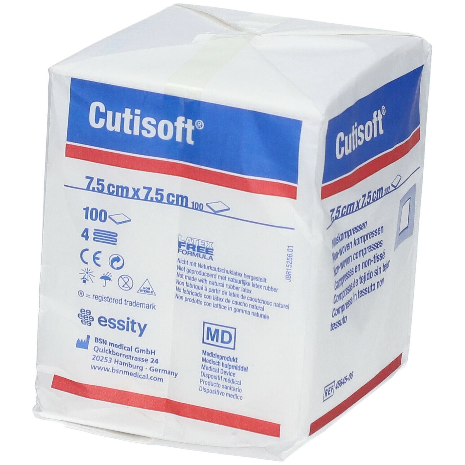 Quadratische Verpackung mit Cutisoft®-Logo, 7,5 cm x 7,5 cm Vlieskompressen. Weiße Verpackung mit blauen und roten Akzenten.