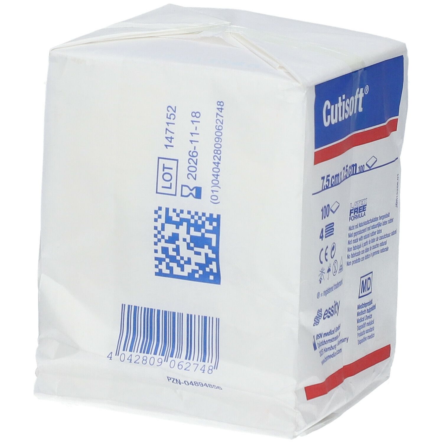 Quadratische Verpackung mit Cutisoft®-Logo, 7,5 cm x 7,5 cm Vlieskompressen. Weiße Verpackung mit blauen und roten Akzenten.