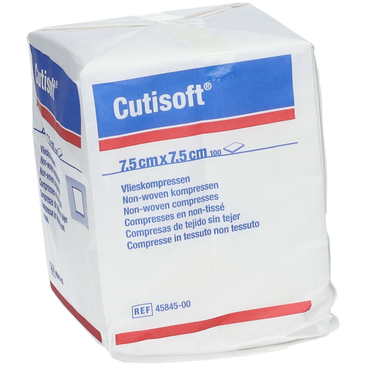 Quadratische Verpackung mit Cutisoft®-Logo, 7,5 cm x 7,5 cm Vlieskompressen. Weiße Verpackung mit blauen und roten Akzenten.