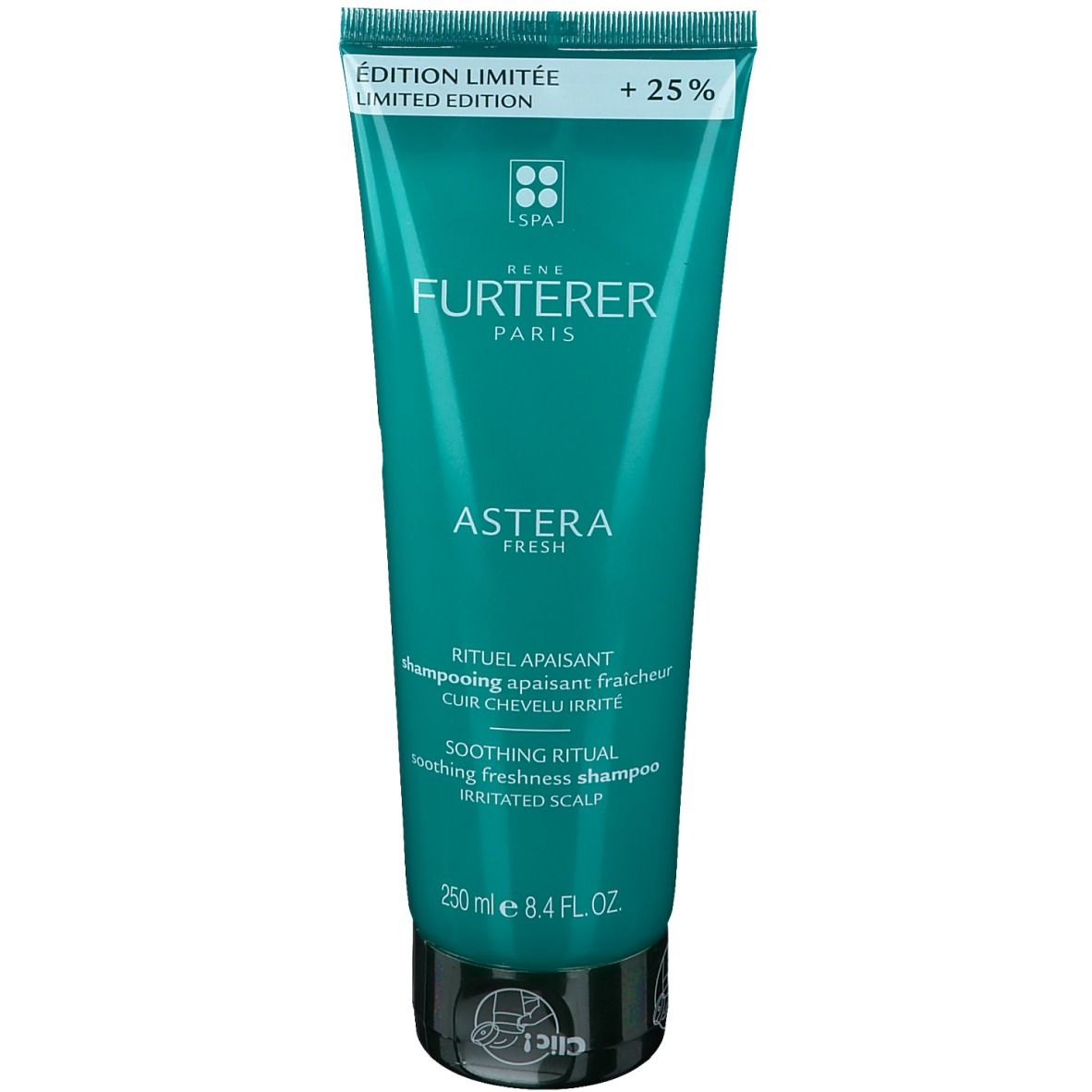 Grüne Tube mit Produktnamen und Text. "Édition Limitée" und "+25%" sind sichtbar. "Rene Furterer ASTERA" Shampoo.