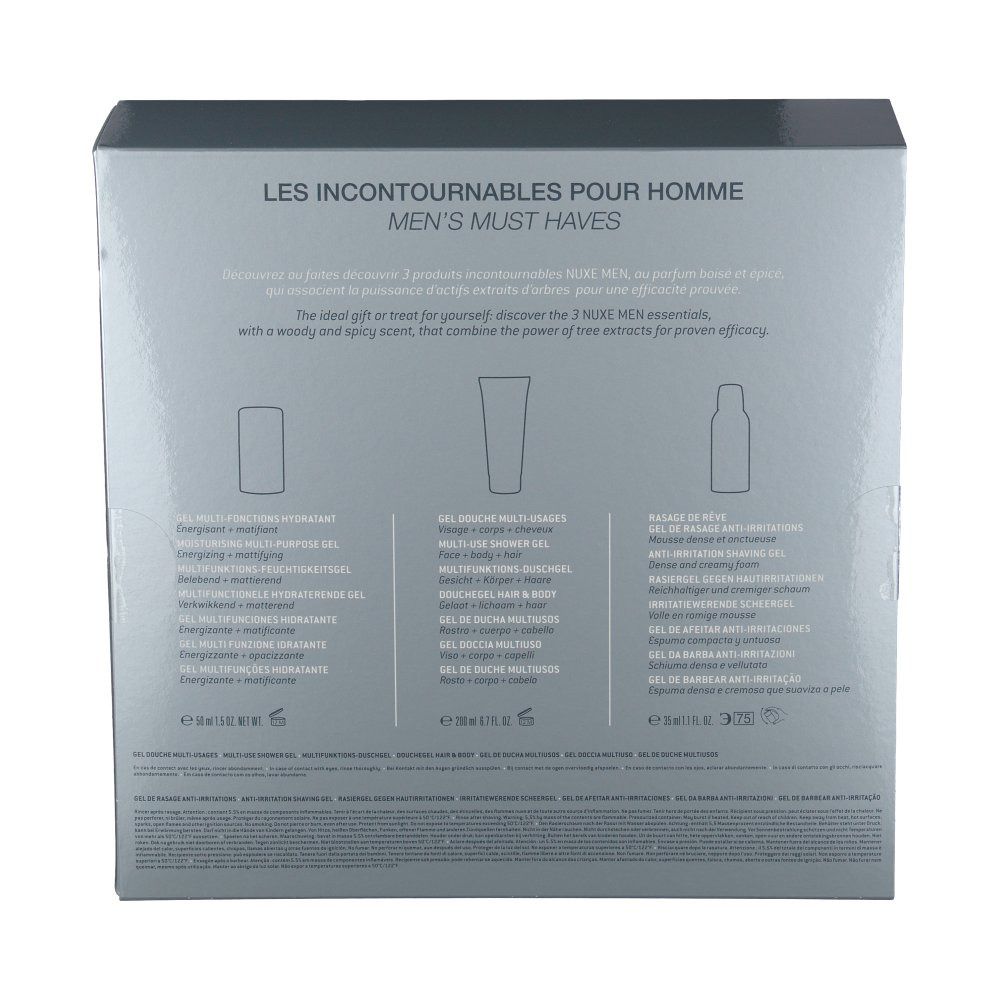 Rückseite der Geschenkbox. Text in mehreren Sprachen. Illustrationen der enthaltenen Produkte. Logo und Produktnamen.