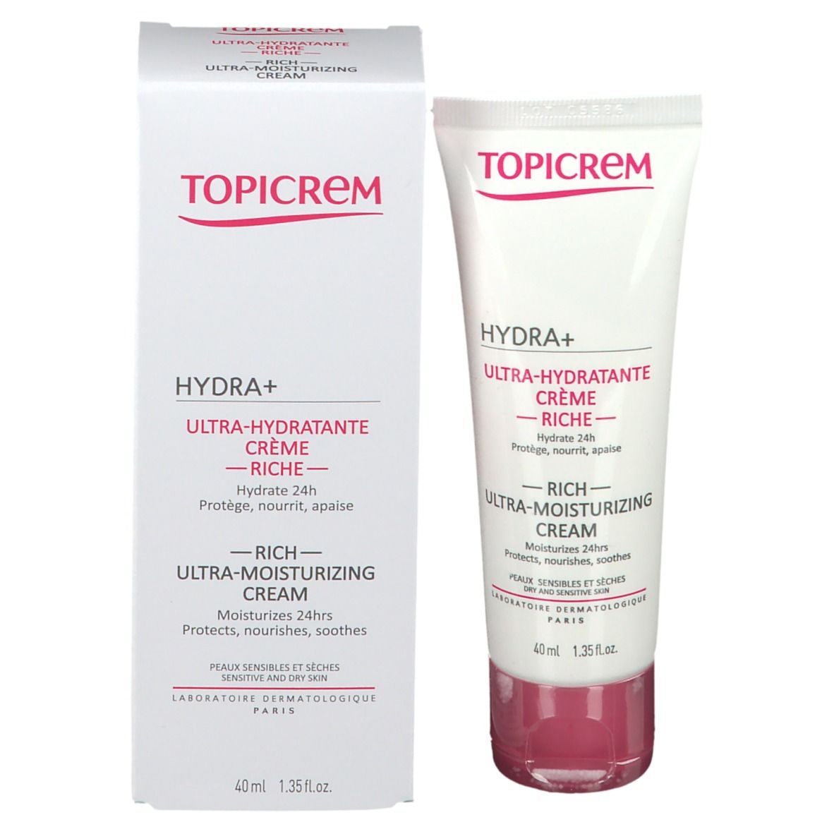 Produktverpackung und Tube. Verpackung weiß mit roter Schrift. Tube weiß mit roter Schrift. Marke TOPICREM.