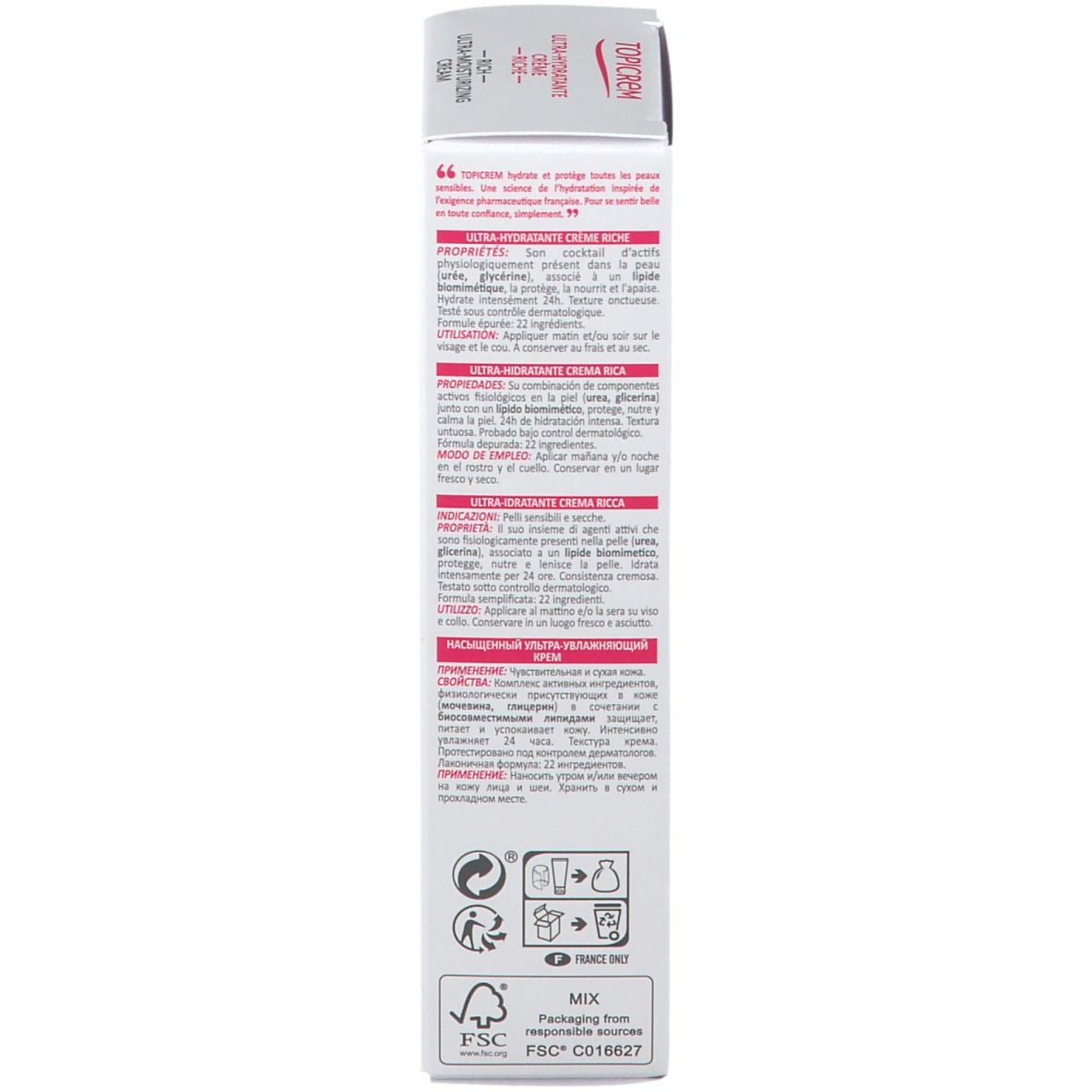 Produktverpackung. Text in mehreren Sprachen. FSC-Zertifizierung. Marke TOPICREM.