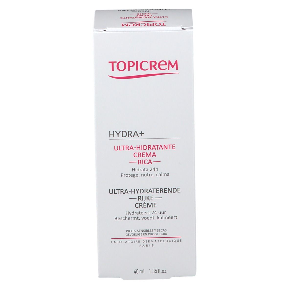Produktverpackung. Text in mehreren Sprachen. Marke TOPICREM. Text: HYDRA+ Ultra-Hydratante Crème Riche.