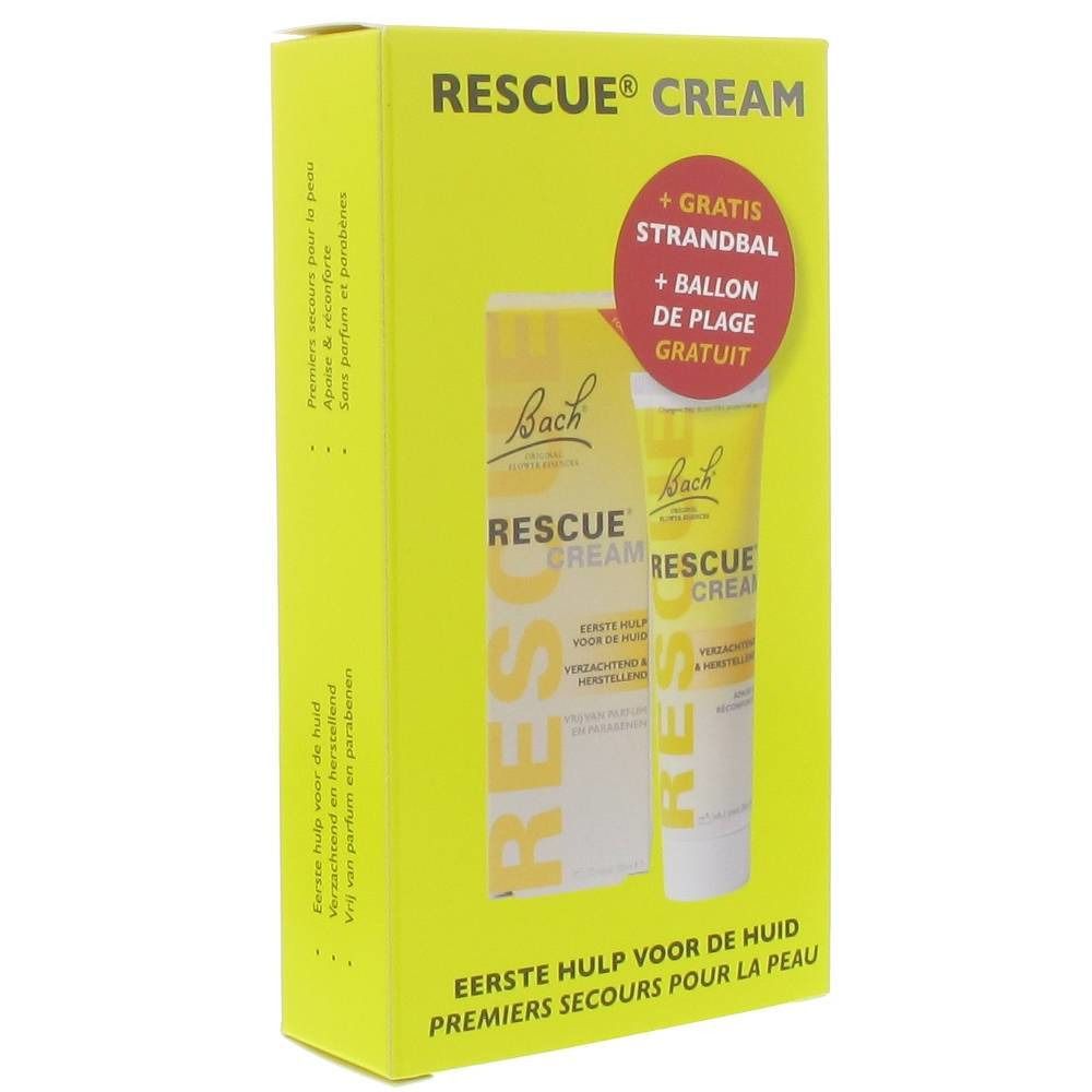Gelbe Verpackung mit Creme-Tube. Aufschrift RESCUE® CREAM und Bach-Logo. Enthält Strandball.