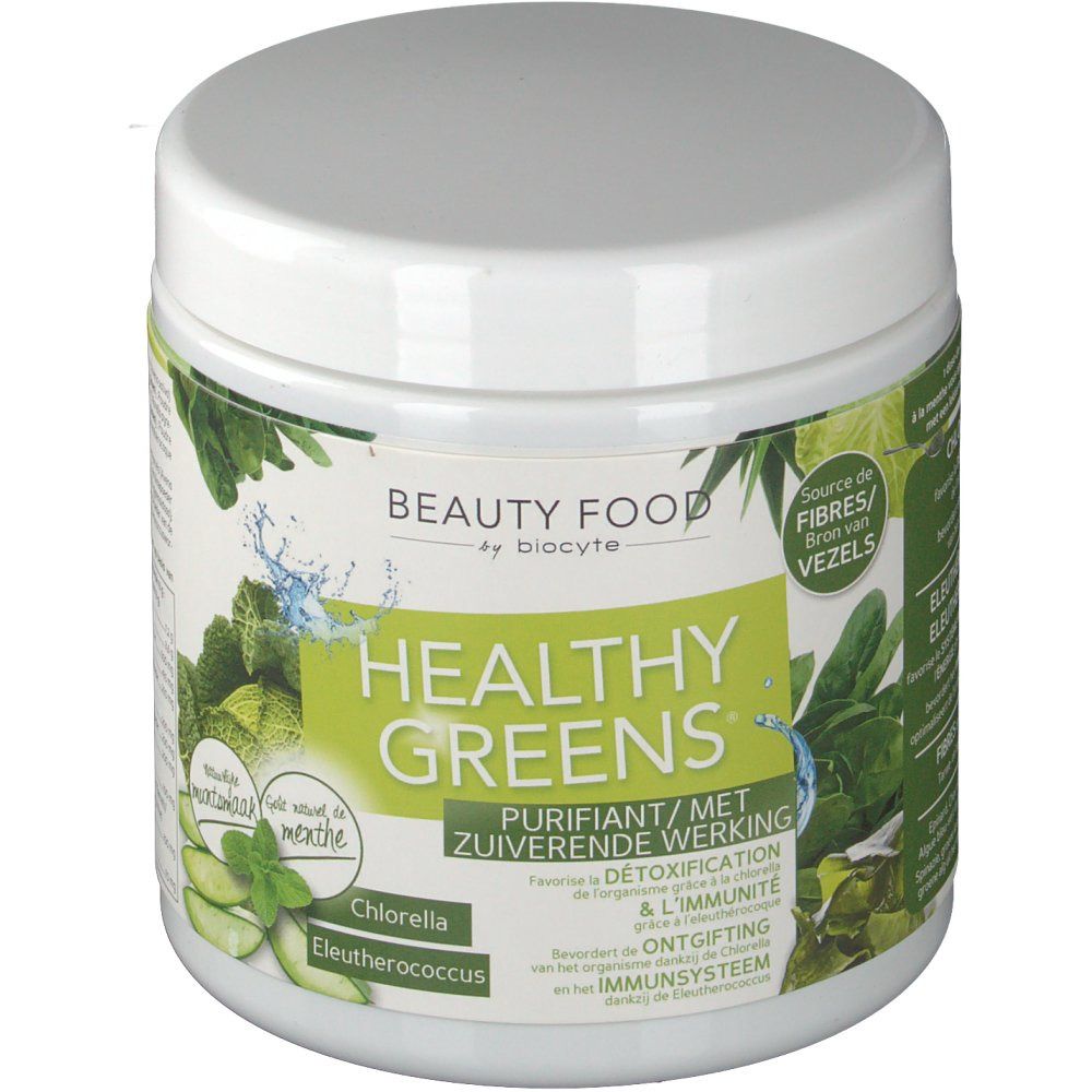 Weißes Produktglas mit Deckel. Aufschrift "Healthy Greens" und "Beauty Food by Biocyte". Grün-weiße Etiketten mit Produktinformationen.