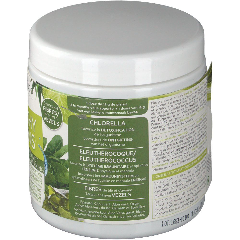 Rückseite des weißen Produktglases. Etikett mit Produktinformationen, darunter "Chlorella" und "Eleutherococcus".