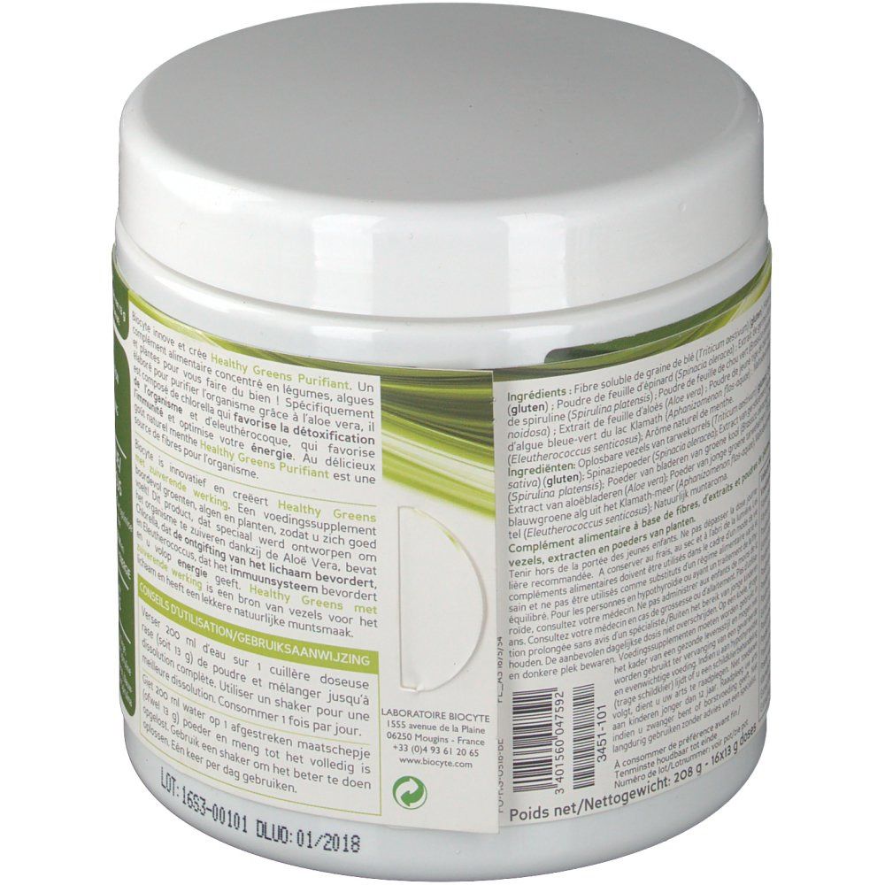 Schrägansicht des weißen Produktglases. Etikett mit Inhaltsstoffen und Nährwertangaben. Marke "Biocyte" sichtbar.