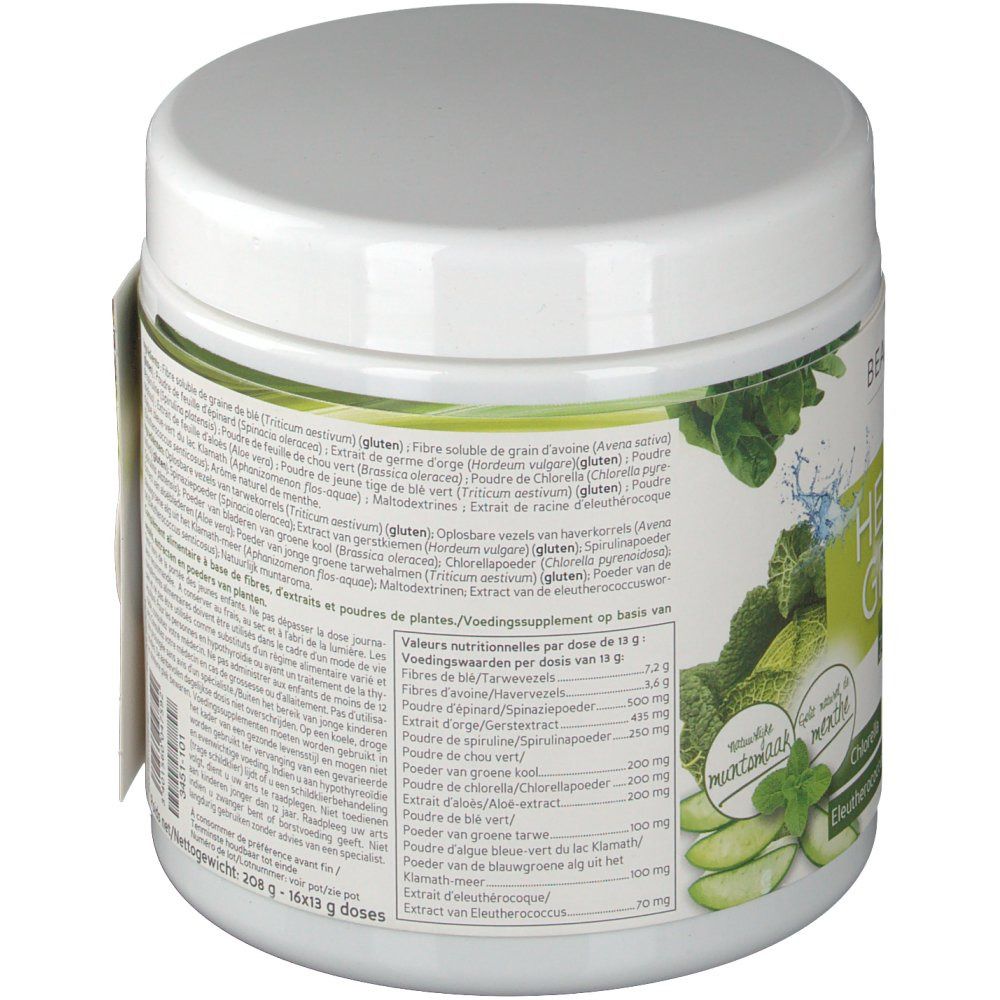 Schrägansicht des weißen Produktglases. Etikett mit Nährwertangaben und Inhaltsstoffen. Marke "Biocyte" sichtbar.