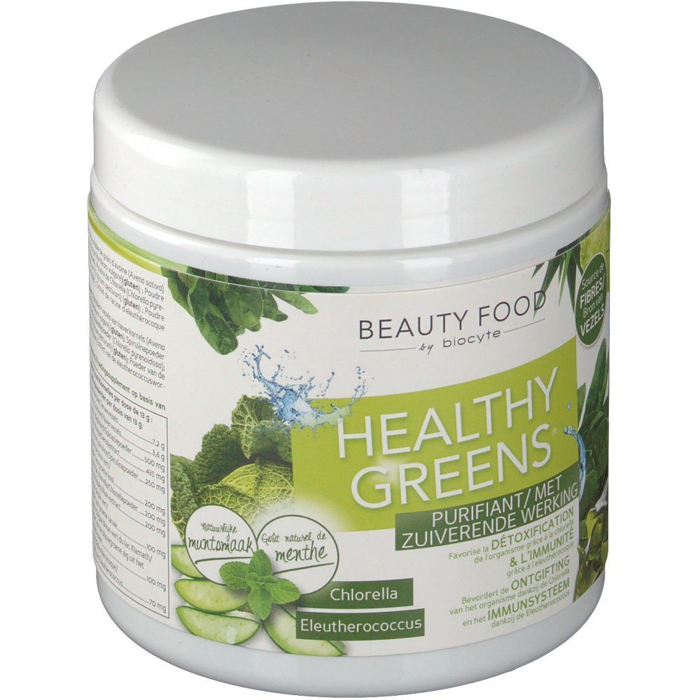 Weißes Produktglas mit Deckel. Aufschrift "Healthy Greens" und "Beauty Food by Biocyte". Grün-weiße Etiketten mit Produktinformationen.