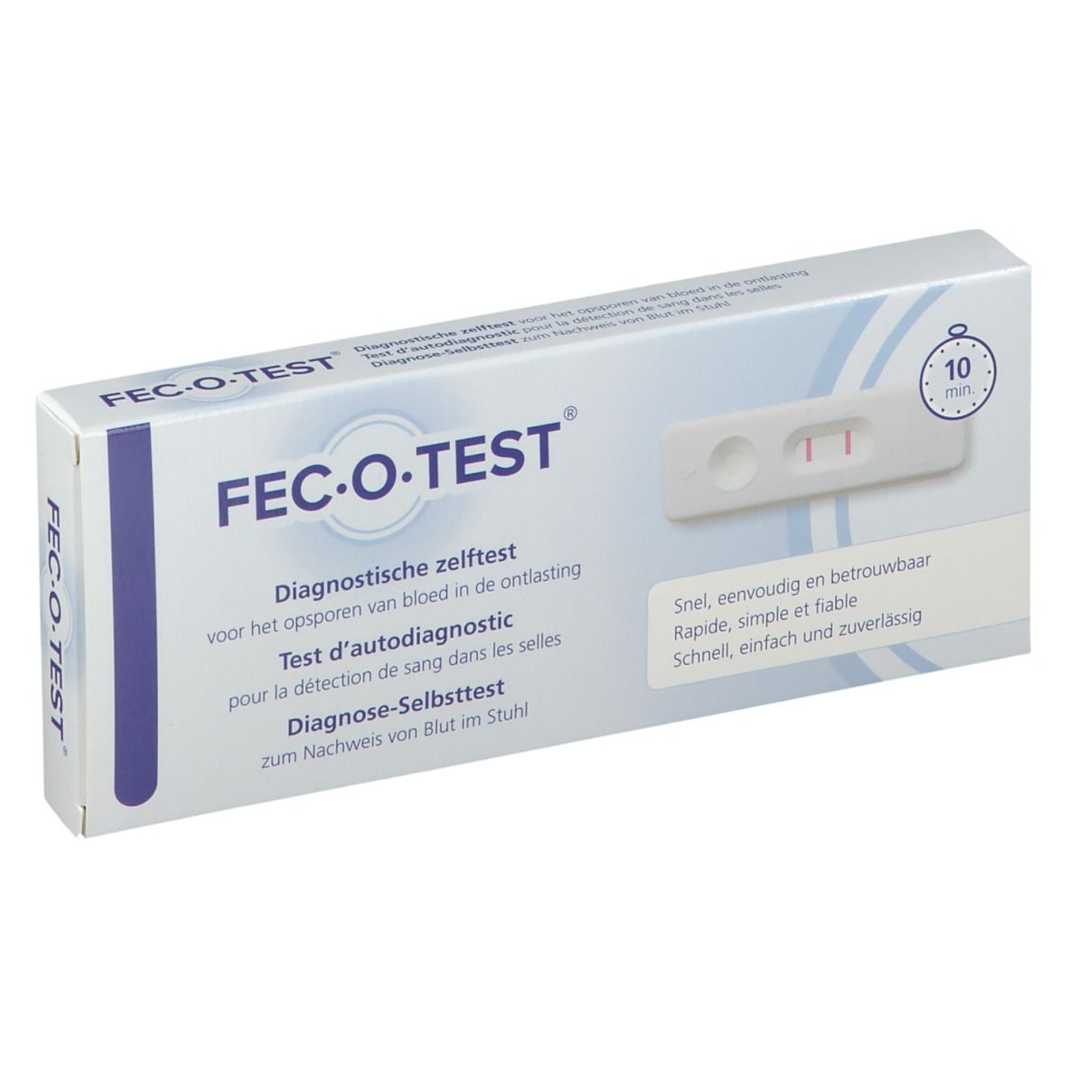 Verpackung des Fec-O-Test. Aufdruck mit Produktname, Testresultat-Anzeige und 10-Minuten-Symbol. Mehrsprachige Beschriftung.