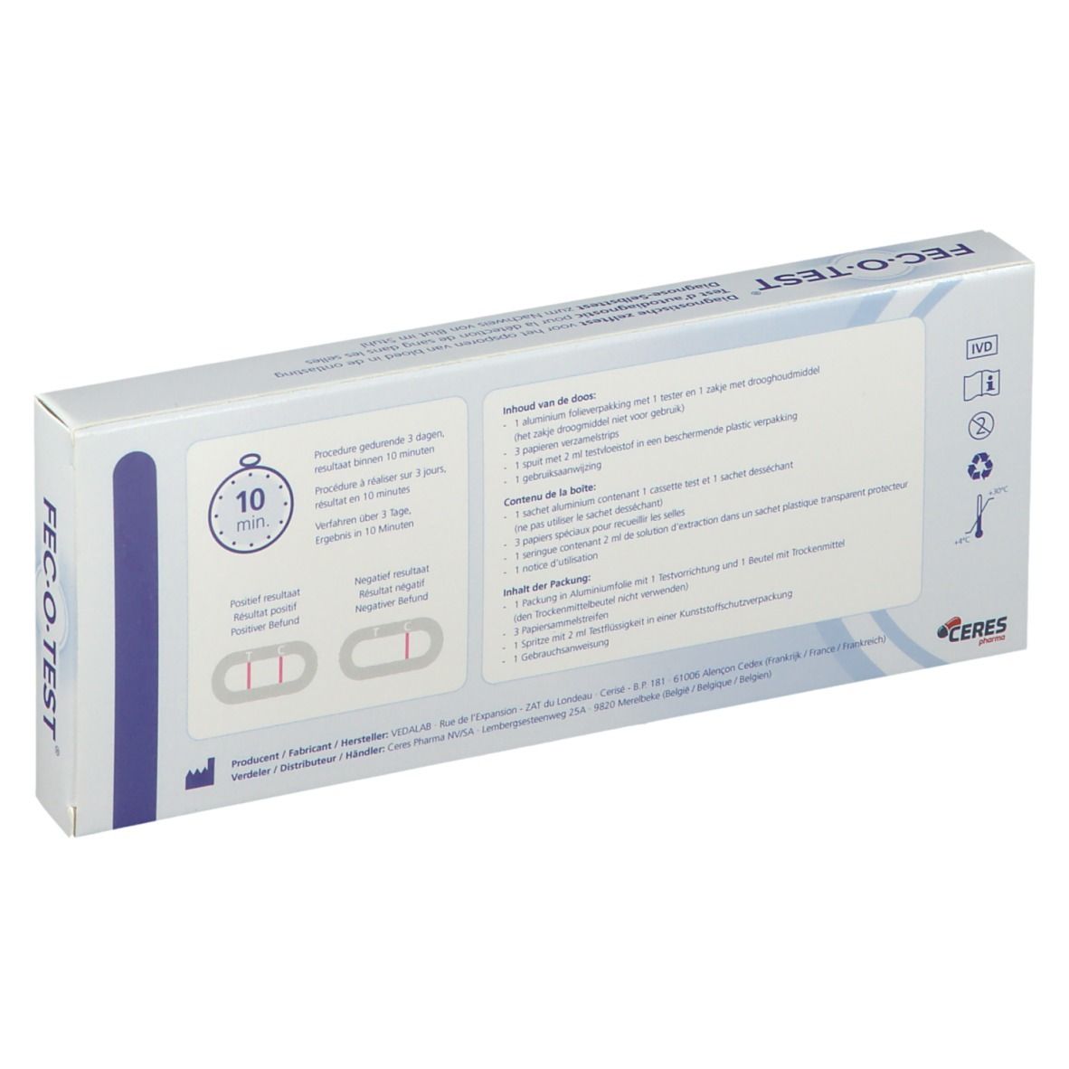 Rückseite der Fec-O-Test-Verpackung. Informationen zur Anwendung, Testergebnissen und Hersteller. 10-Minuten-Symbol.