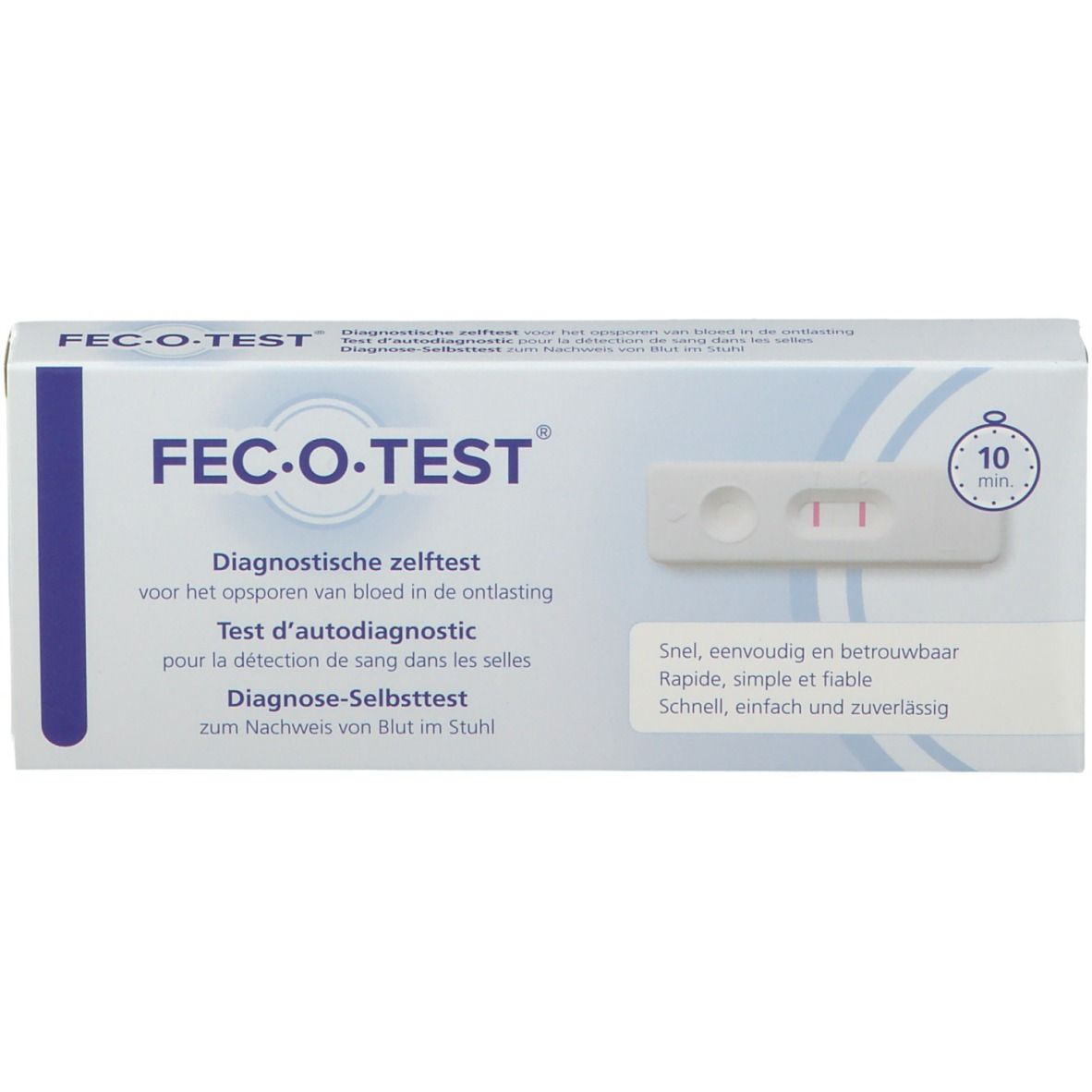 Fec-O-Test-Verpackung. Produktname, Testresultat-Anzeige und 10-Minuten-Symbol. Mehrsprachige Beschriftung.