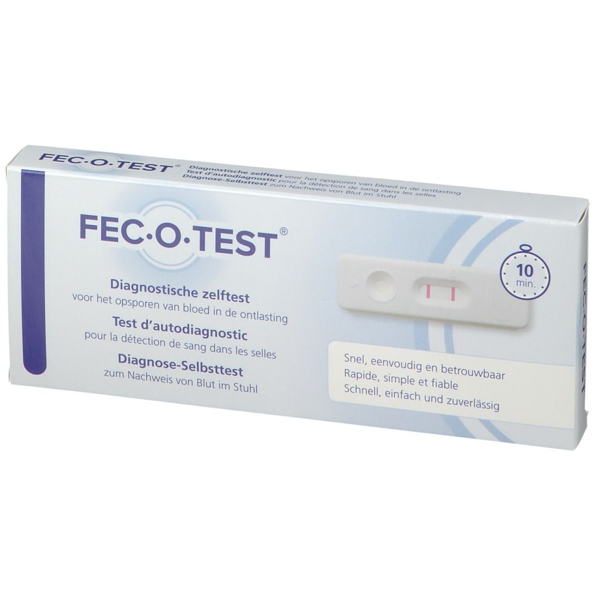 Fec-O-Test-Verpackung. Produktname, Testresultat-Anzeige und 10-Minuten-Symbol. Mehrsprachige Beschriftung.
