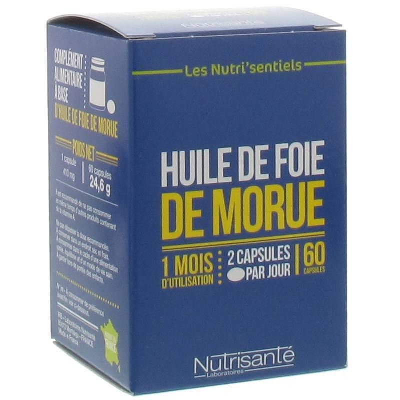 Boîte bleue avec texte jaune. "Huile de Foie de Morue" et "Nutrisanté" visibles. Contient 60 capsules.