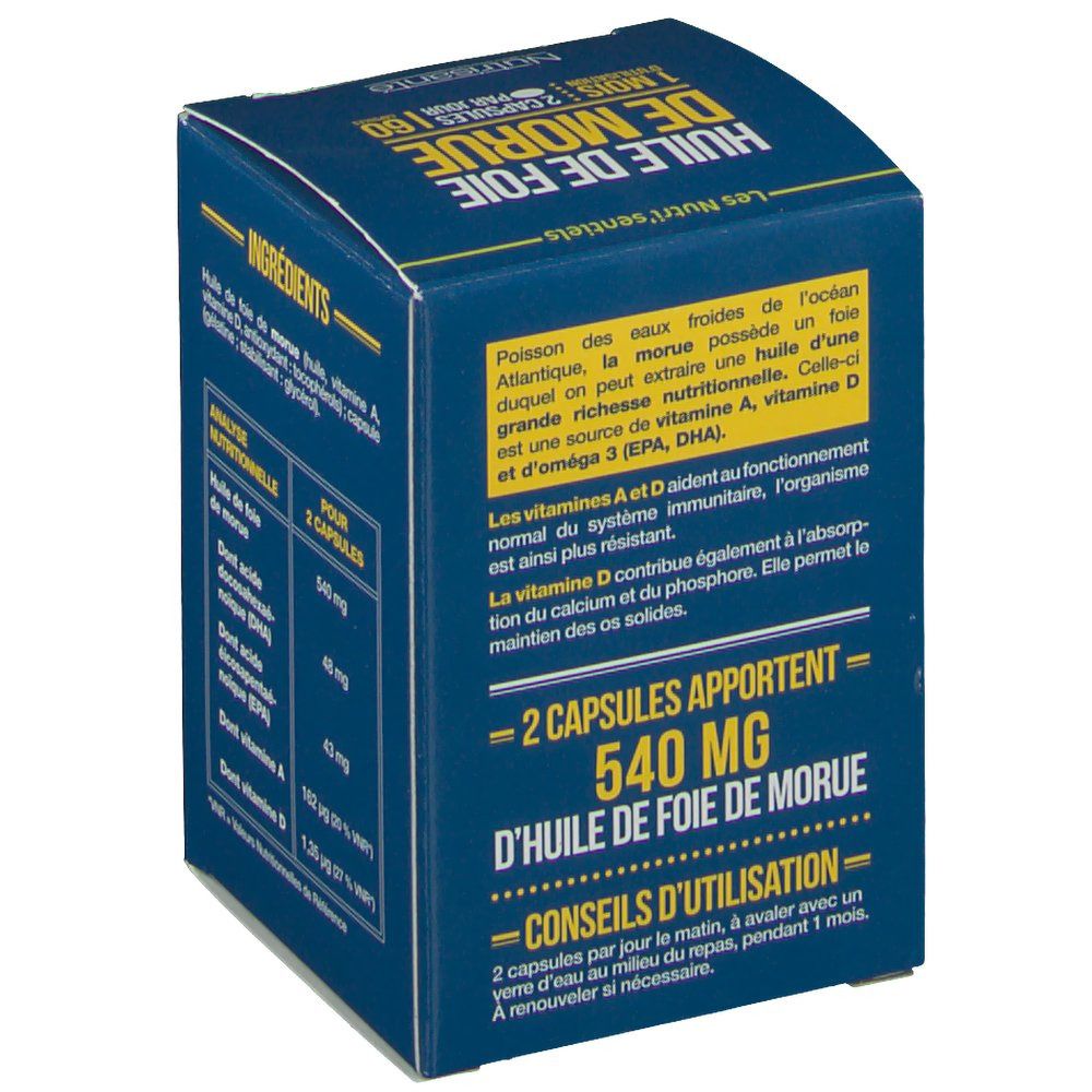 Dos de boîte bleue. Texte sur ingrédients et analyse nutritionnelle. Marque: Nutrisanté. Contient 2 capsules.