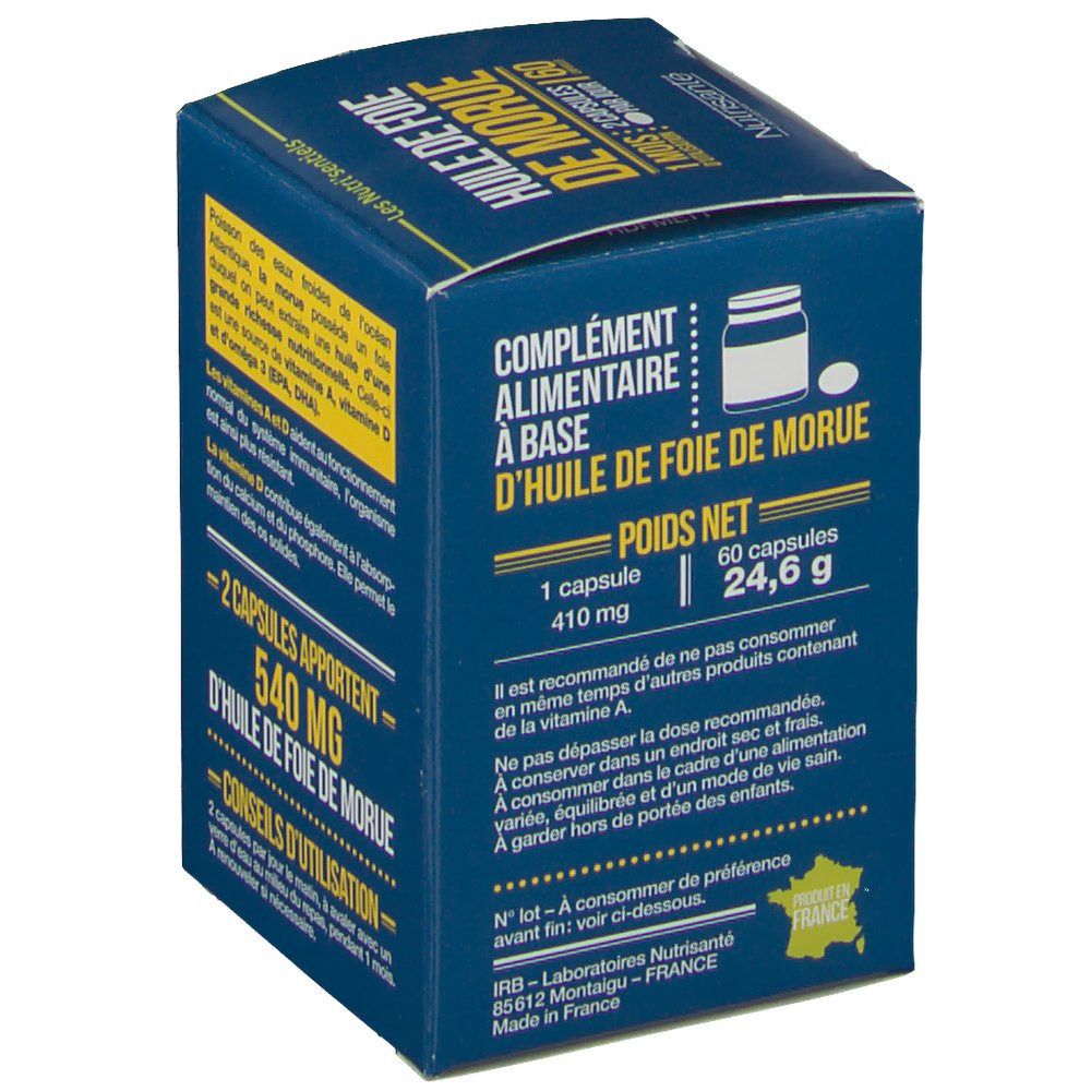 Dos de boîte bleue. Texte sur ingrédients et analyse nutritionnelle. Marque: Nutrisanté. Contient 2 capsules.