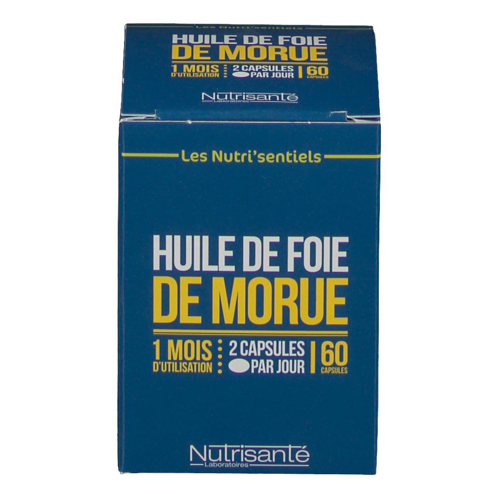 Boîte bleue avec texte jaune. "Huile de Foie de Morue" et "Nutrisanté" visibles. Contient 60 capsules.