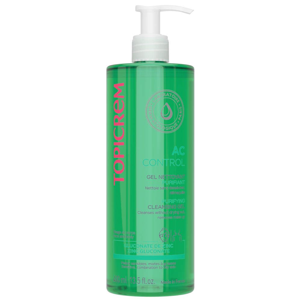 Grüne Flasche mit Pumpe. Aufschrift TOPICREM, AC CONTROL, Gel Nettoyant Purifiant, Purifying Cleansing Gel. Für unreine Haut.