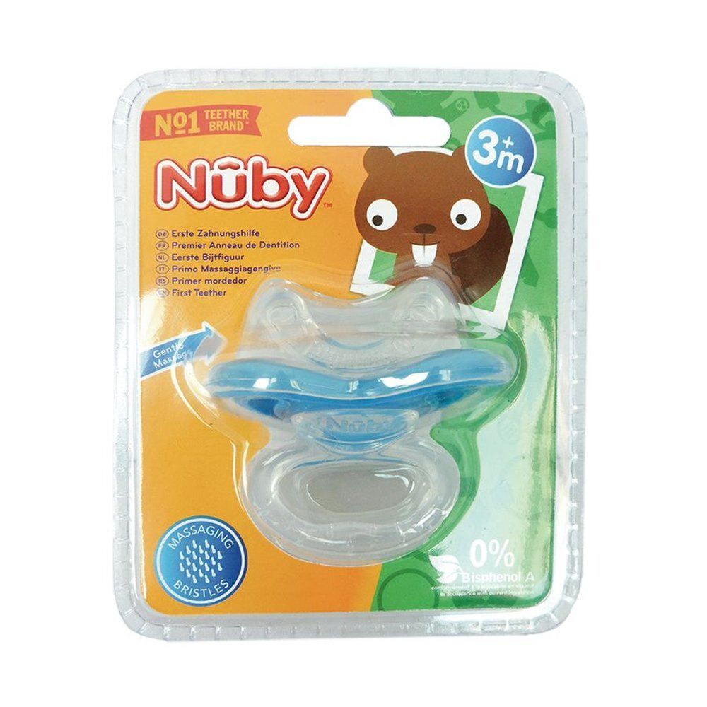 Nuby Beißring mit Massageborsten, 3+ Monate, blau und transparent.