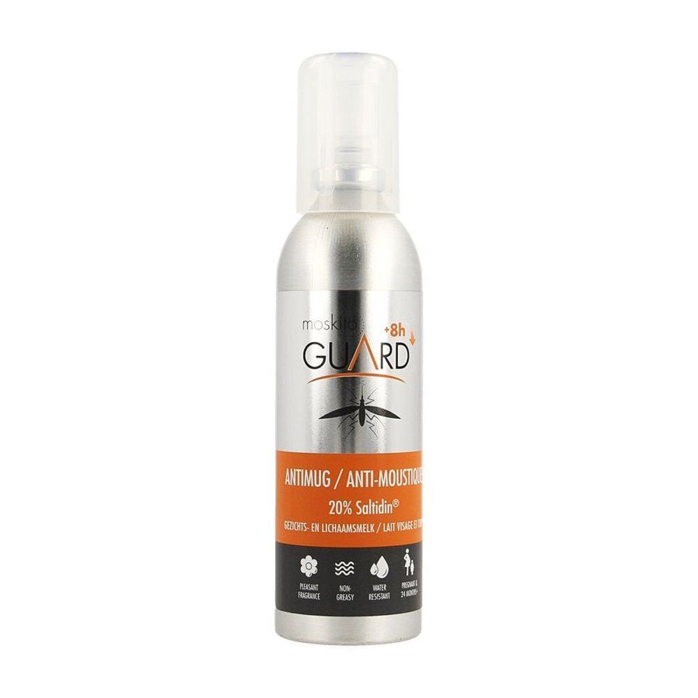 Spray Moskito Guard avec 20% Saltidin. Flacon argenté avec tête de pulvérisation.