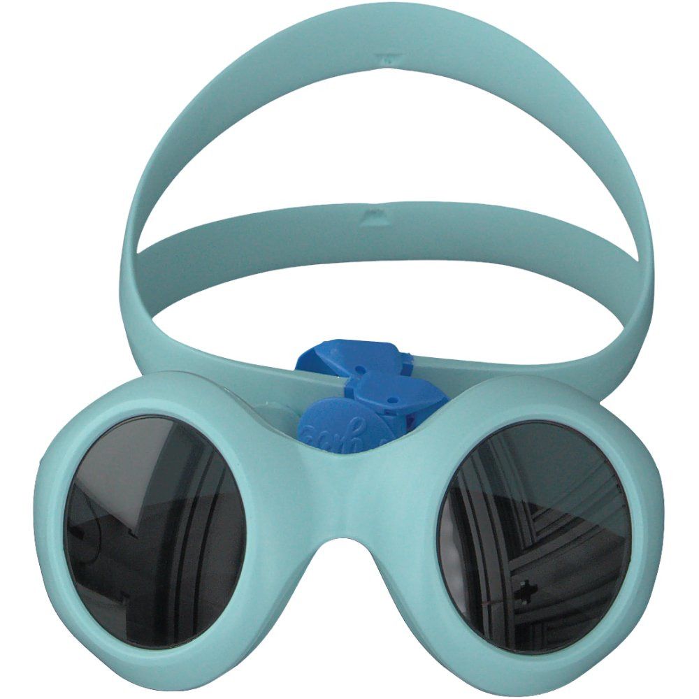 Hellgrüne Baby-Sonnenbrille mit runden Gläsern und blauem Kopfband. Blaue Verstellvorrichtung. Runde Gläser.