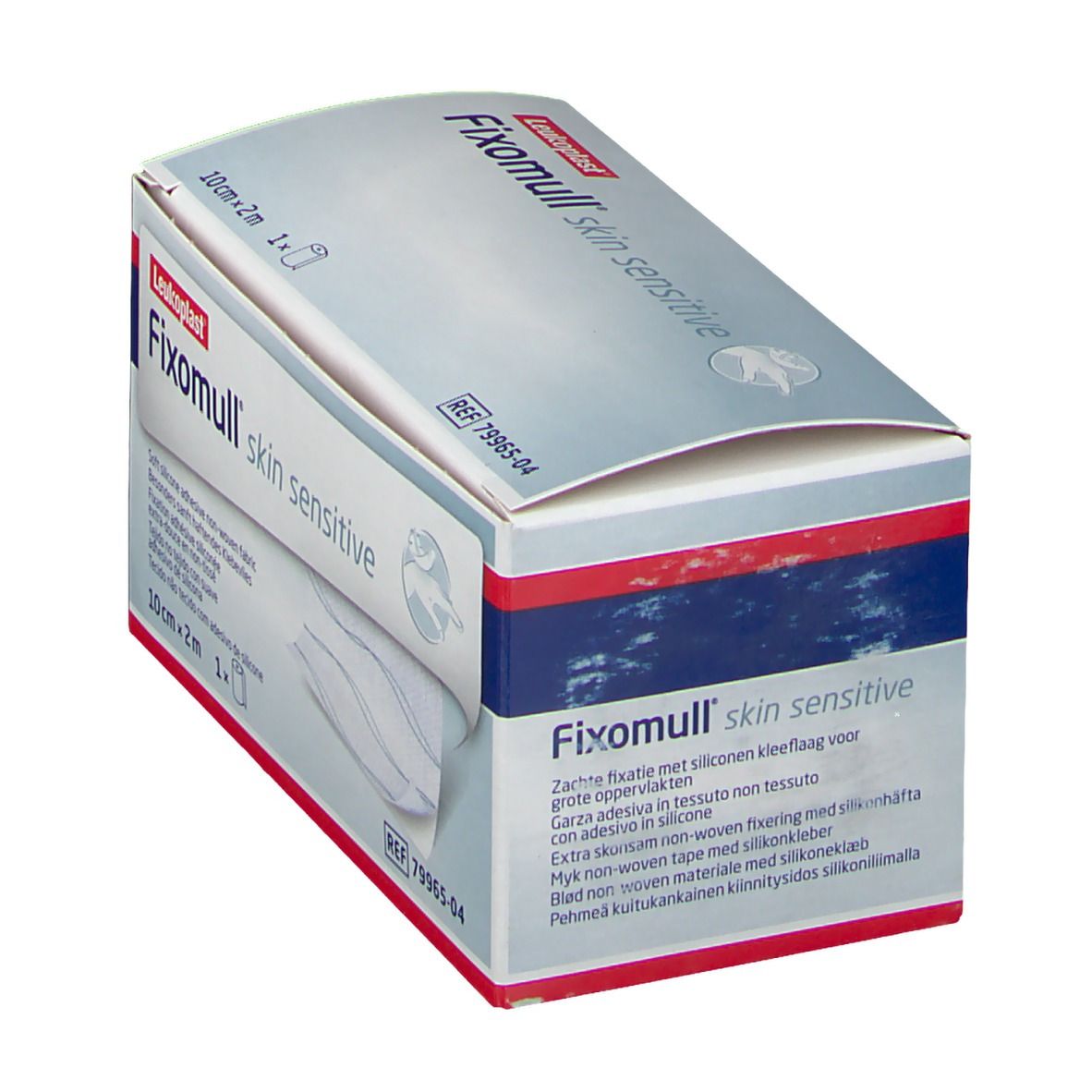 Fixomull skin sensitive Verpackung. 10cm x 2m Rolle. Mehrsprachige Produktinformationen auf der Verpackung.