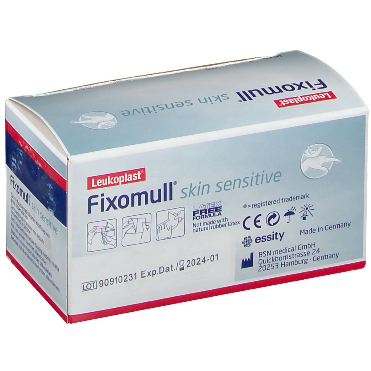 Verpackung von Fixomull skin sensitive. Enthält Informationen zu Inhaltsstoffen und Hersteller. CE-Kennzeichnung.