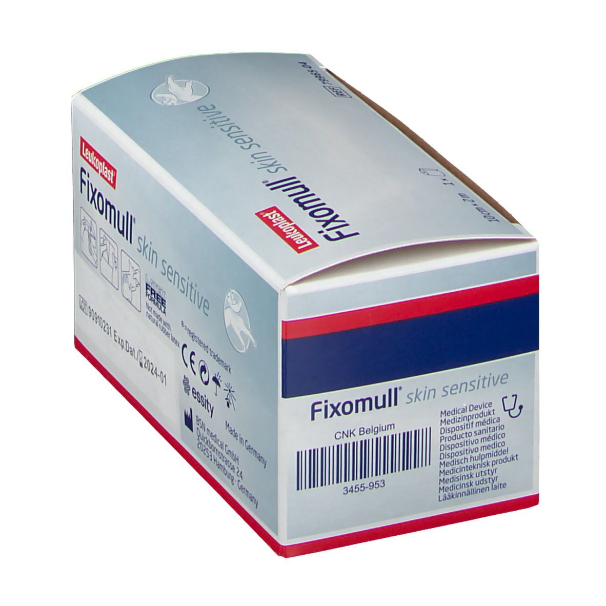 Fixomull skin sensitive Verpackung. Enthält Informationen zu Hersteller und Zertifizierungen. CNK Belgien.